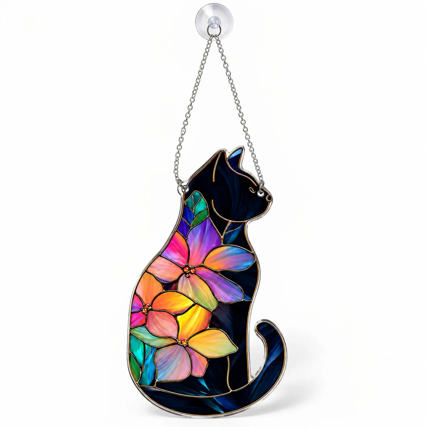 Black Cat Floral Suncatcher Decor For Gothic Home Windows, Garden, And Cat Lovers Custom Shape Window Hanging Acrylic Ornament - 1