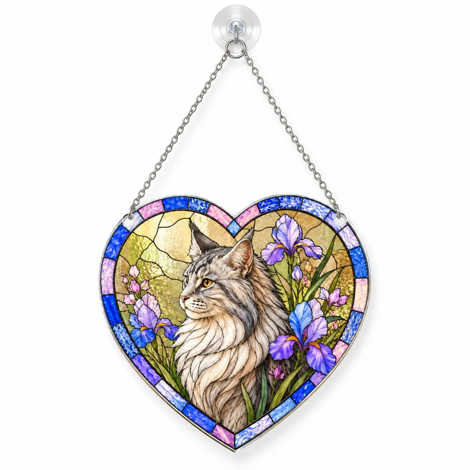 Long Haired Gray Cat With Purple Irises For Pet Memorial Keepsake Window Hanging Gift Custom Shape Window Hanging Acrylic Ornament - 1