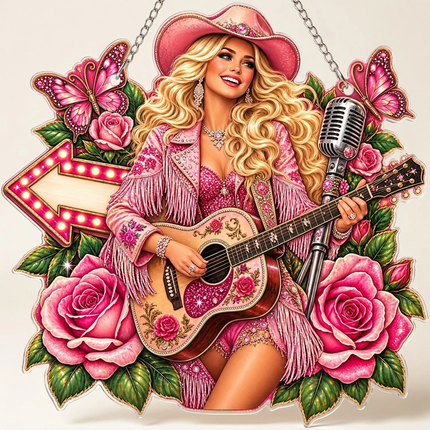 Blonde Country Singer With Guitar For Holiday Cheer And Music Fans, Western Style Custom Shape Window Hanging Acrylic Ornament - 1