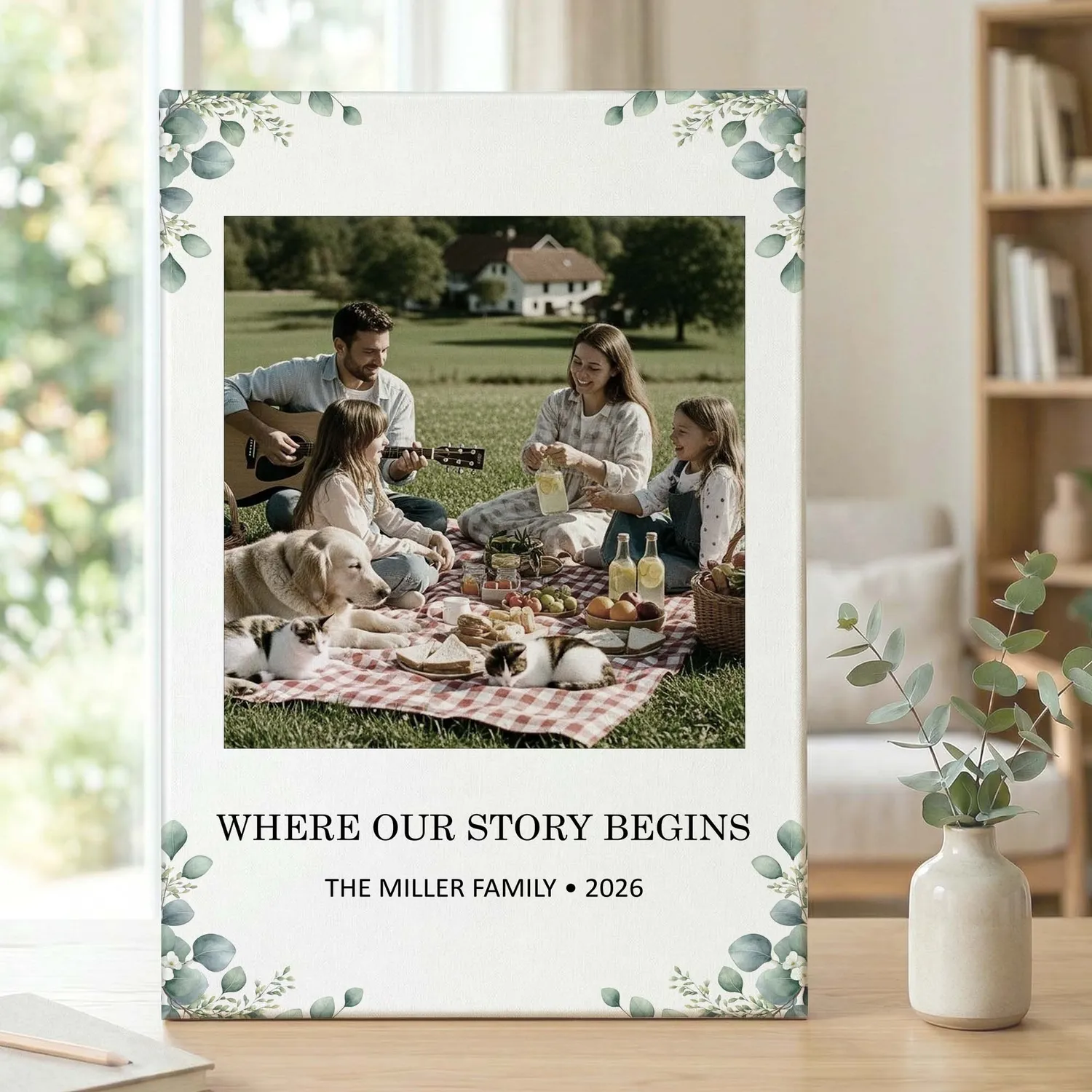 Personalized Family Photo Canvas Print – Custom Name & Year Greenery Wall Art for Mom Dad, Home Gift - 1
