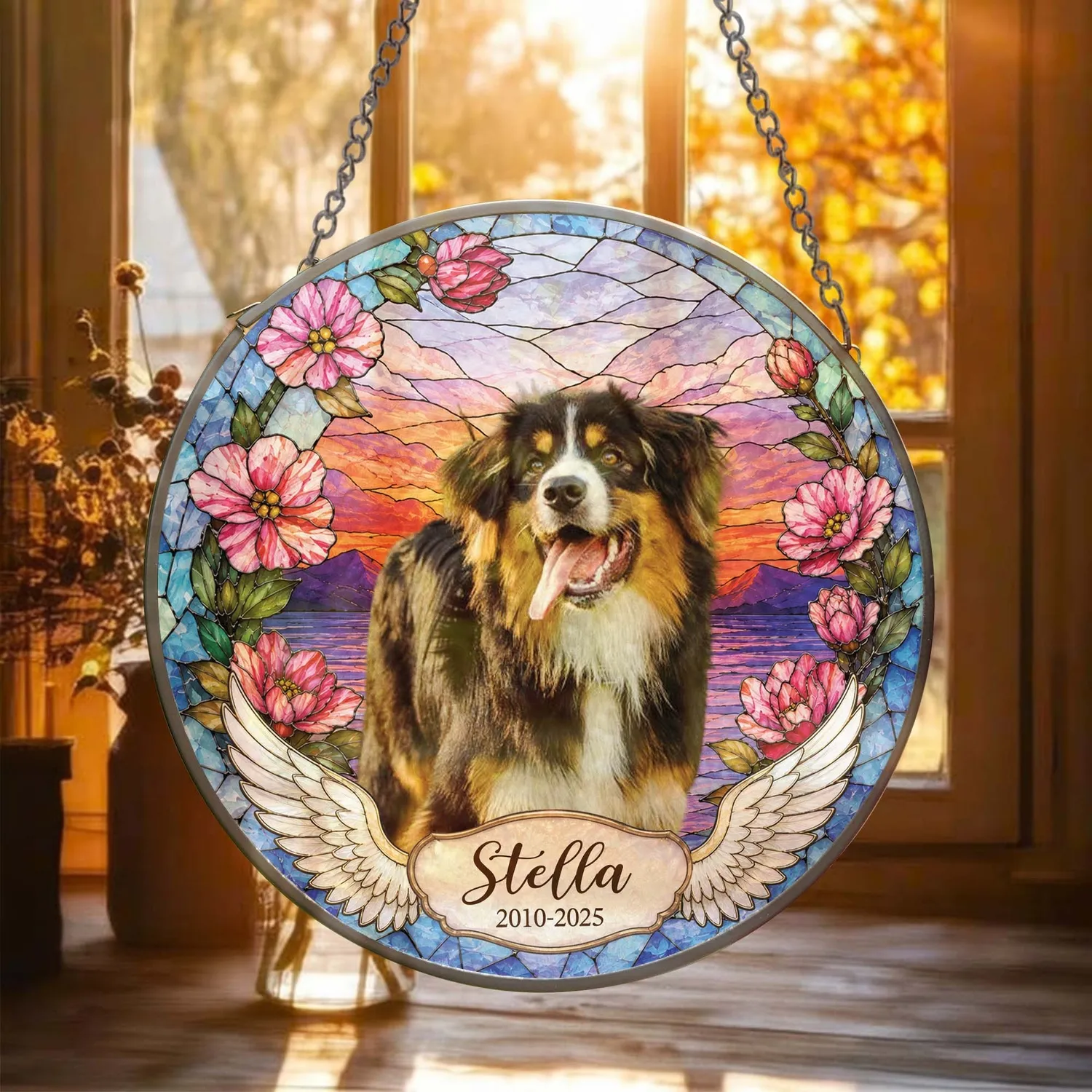 Custom Dog Portrait Stained Glass Suncatcher, Personalized Pet Memorial Cat Loss Keepsake, Pet Loss Gift - 1