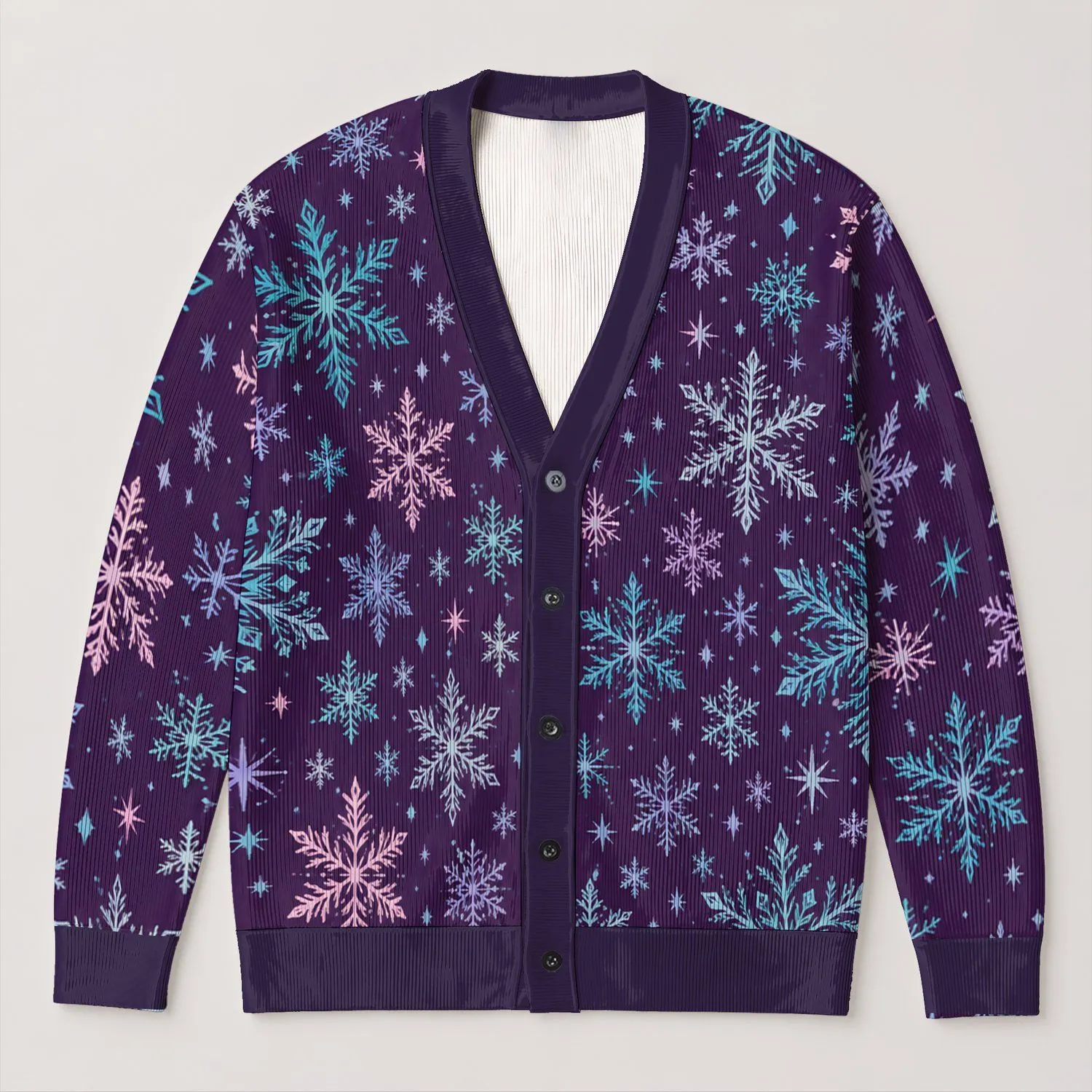Teal And Lilac Snowflakes On Deep Purple For Cozy Winter Layering Every Day All-over Print Knitted Cardigan - 1