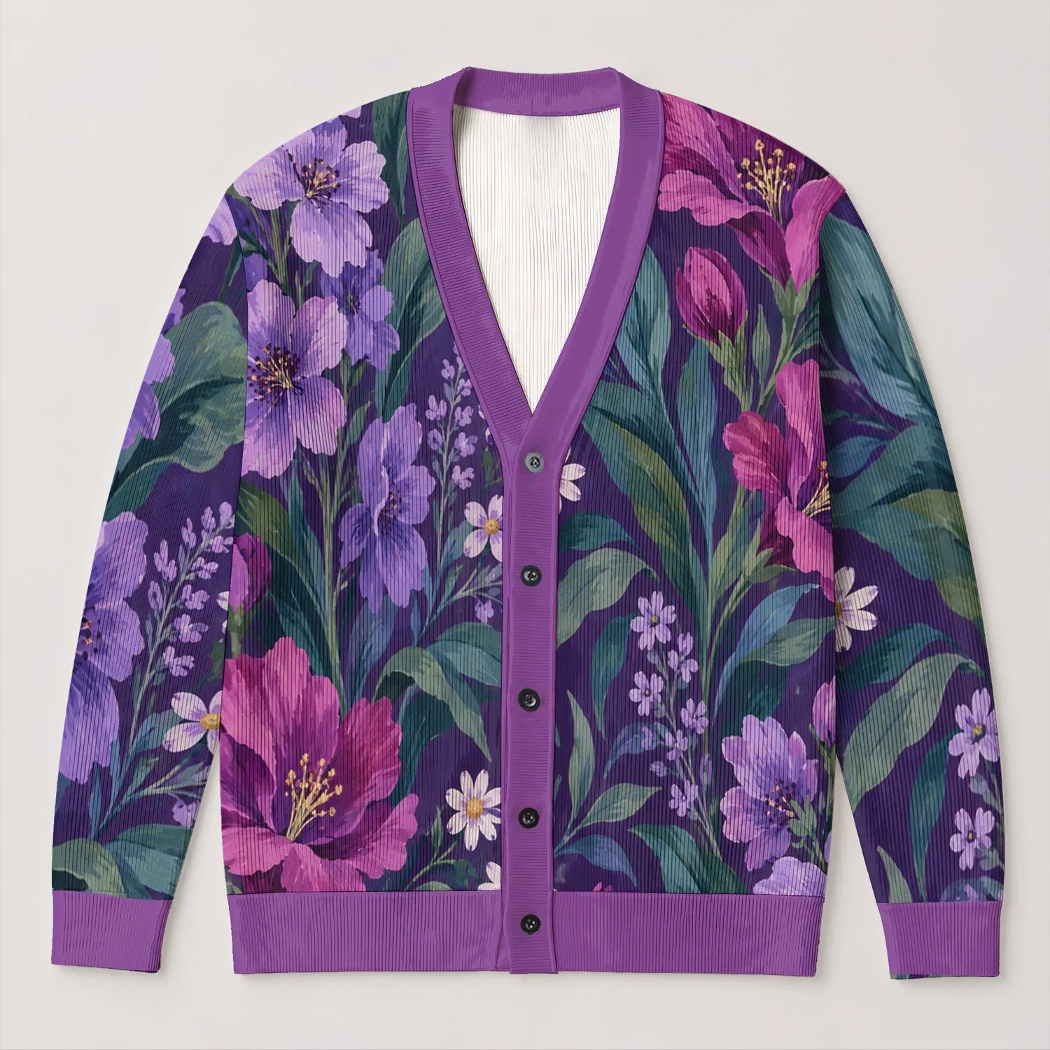 Purple Botanical Blooms for Relaxed Everyday Layering, Women’s Spring and Fall Style All-over Print Knitted Cardigan - 1