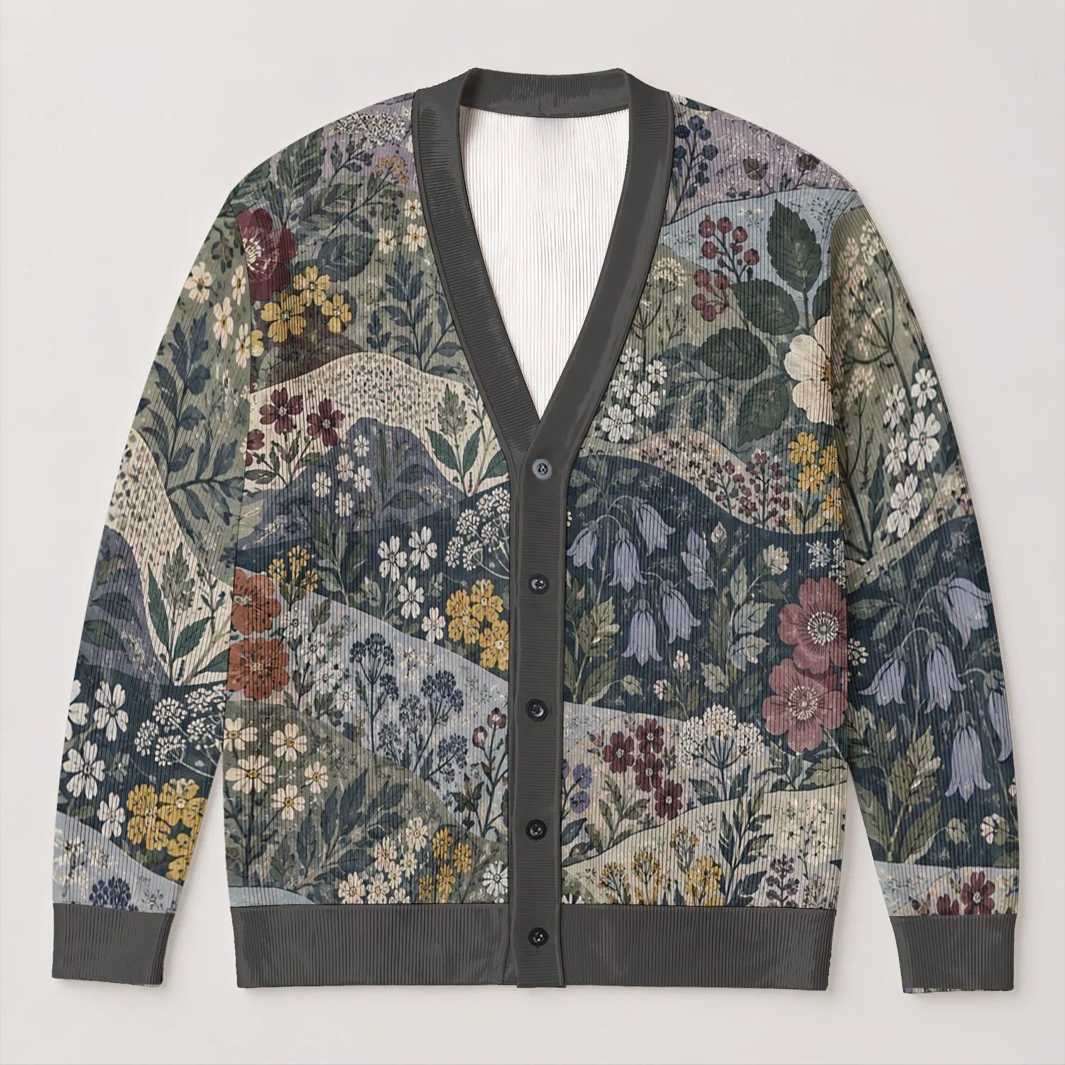 Muted Botanical Patchwork Blooms for Relaxed Layering and Everyday Weekend Style All-over Print Knitted Cardigan - 1