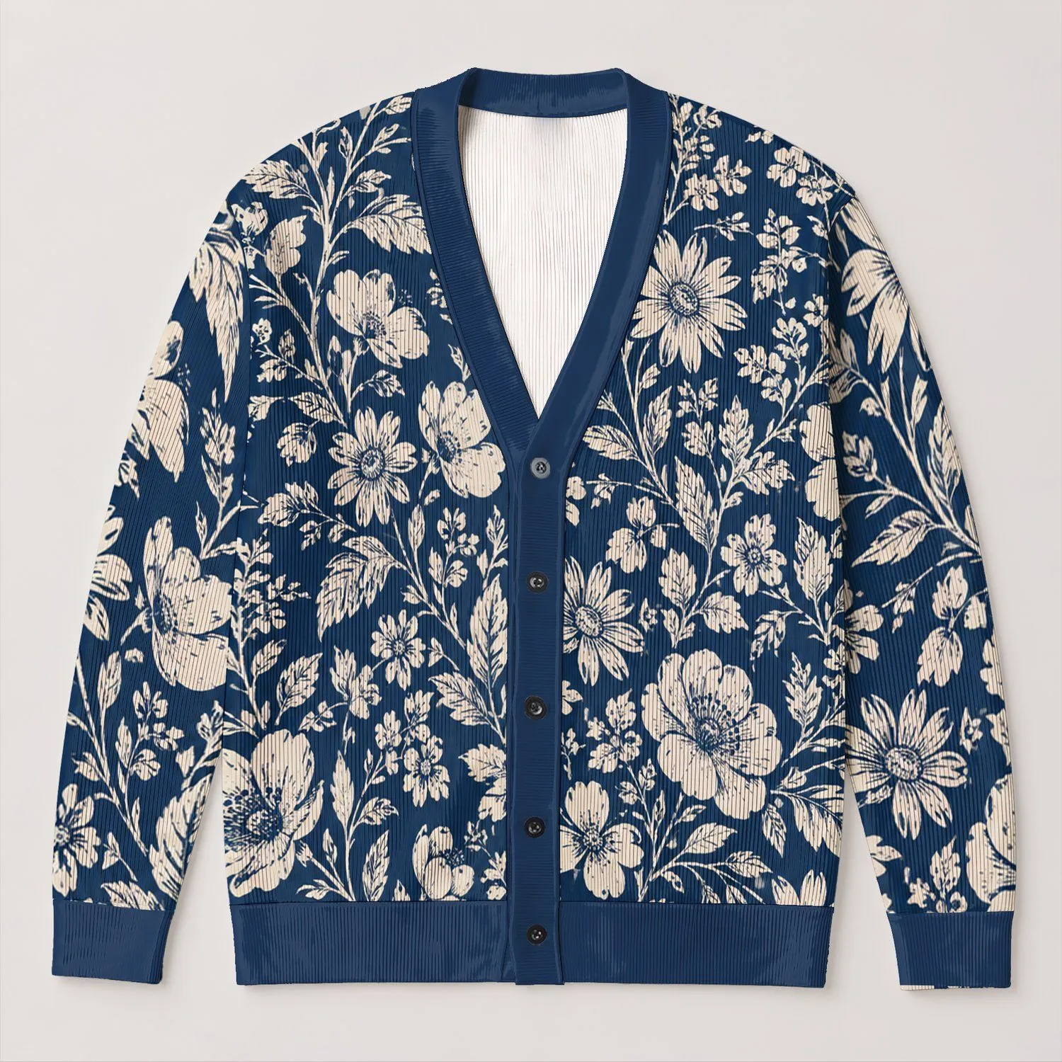 Navy Botanical Blooms For Relaxed Weekend Layering And Everyday Garden Style Lovers All-over Print Knitted Cardigan - 1