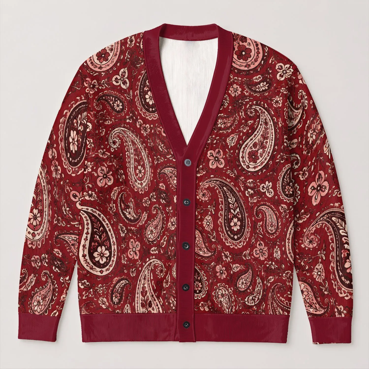 Burgundy Paisley Teardrops and Floral Scrolls for Autumn Layering, Women's Vintage Style All-over Print Knitted Cardigan - 1