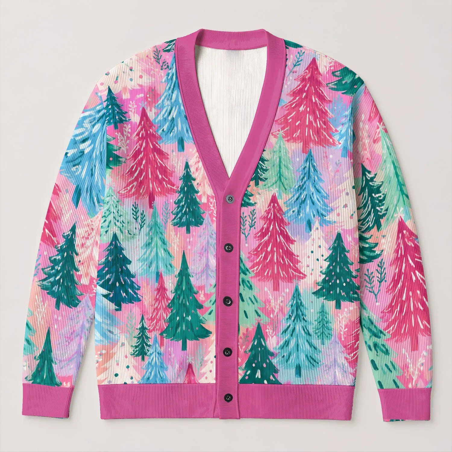 Pastel Christmas Tree Forest for Cozy Holiday Outings and Winter Layering for Women All-over Print Knitted Cardigan - 1