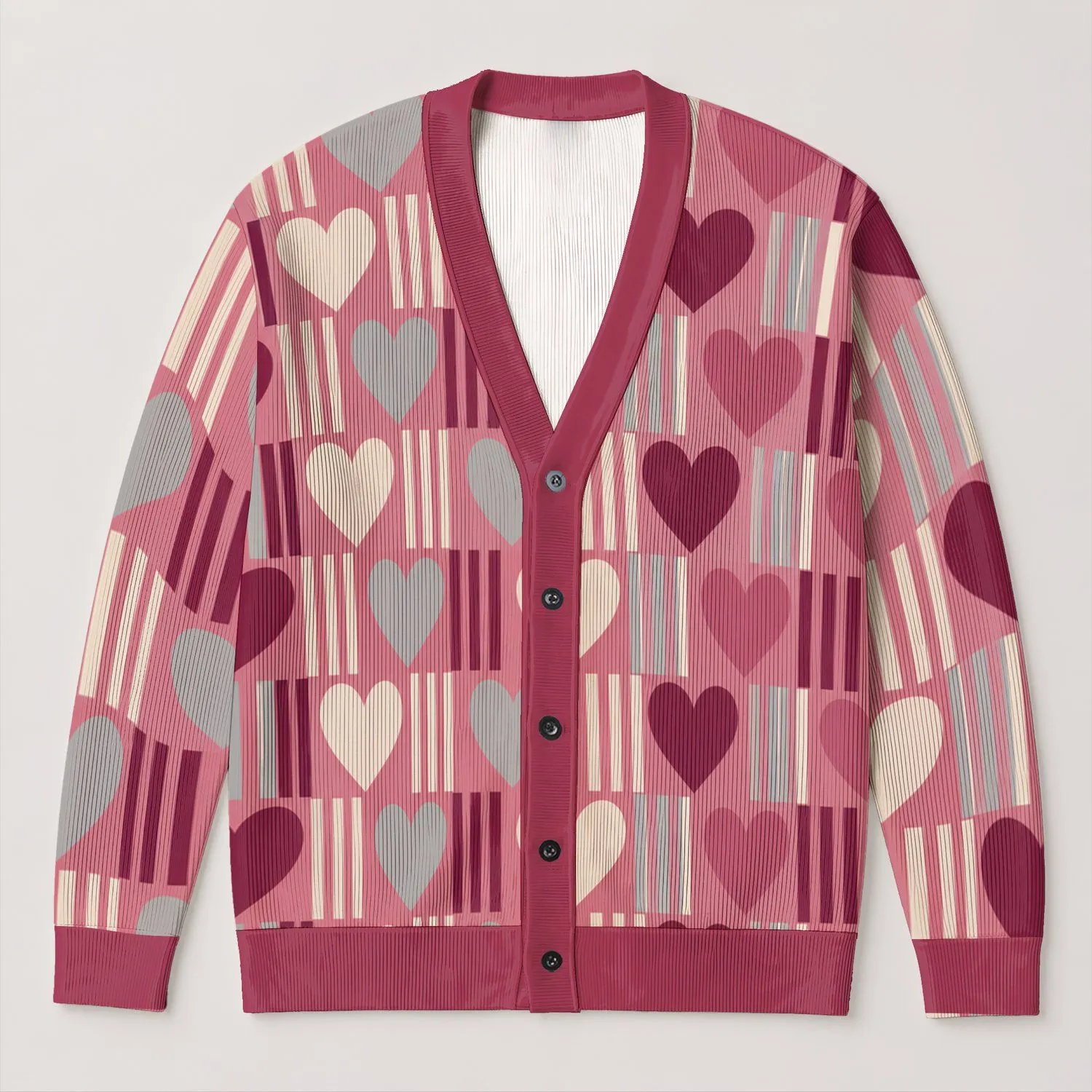 Heart Stripe Motif For Casual Spring Layering, Romantic Everyday Style For Women All-over Print Knitted Cardigan - 1