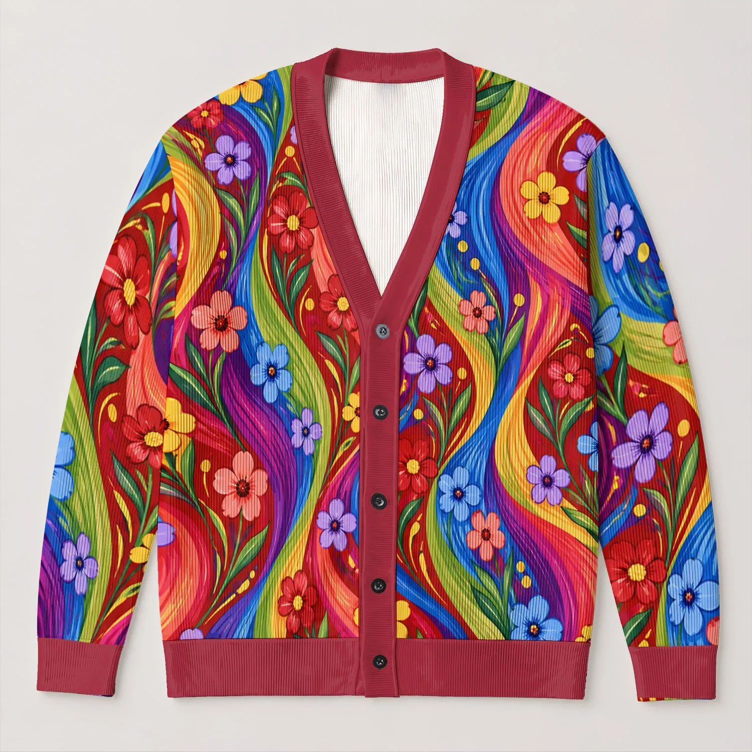 Rainbow Wave Floral Blooms for Colorful Spring Layering and Everyday Women's Style All-over Print Knitted Cardigan - 1