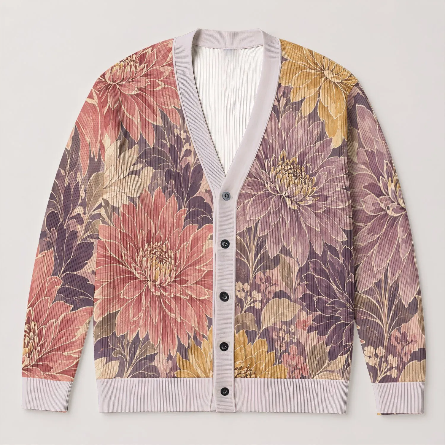Oversized Wildflower Blooms in Dusty Mauve for Relaxed Everyday Layering Women's Style All-over Print Knitted Cardigan - 1