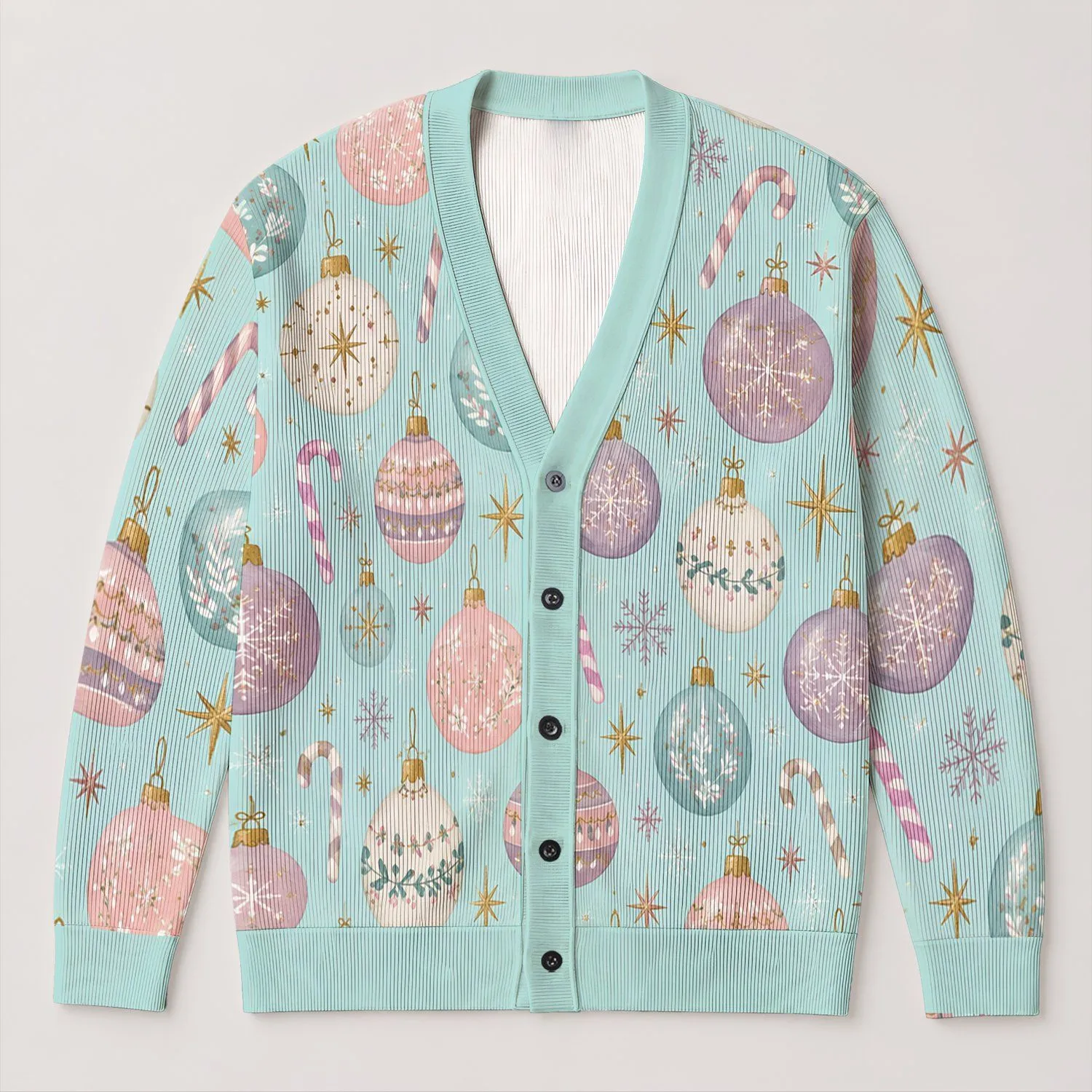 Pastel Christmas Ornaments And Gold Stars For Cozy Holiday Outings And Seasonal Style All-over Print Knitted Cardigan - 1