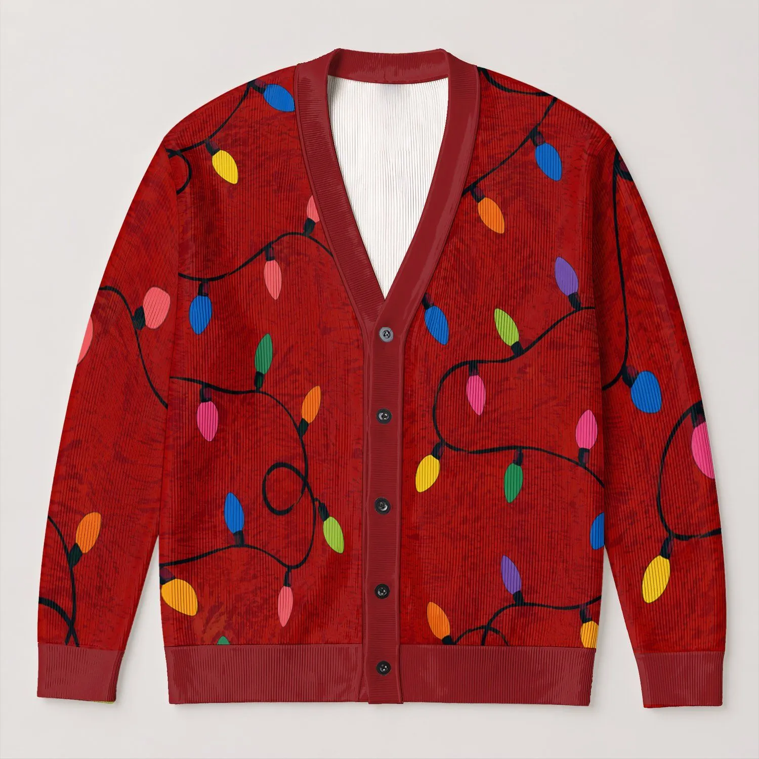 Colorful Holiday String Lights on Deep Red Background for Festive Winter Layering All-over Print Knitted Cardigan - 1