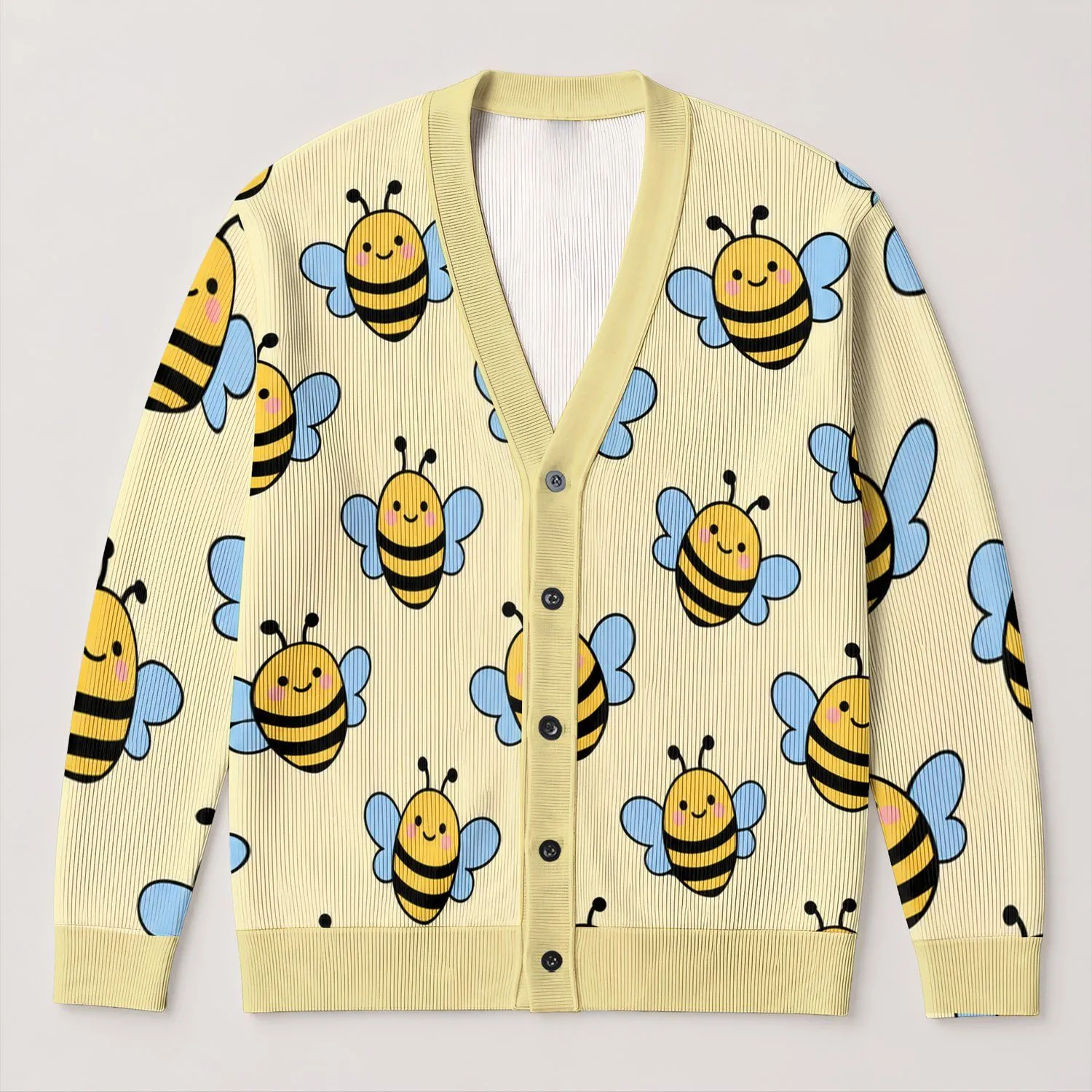 Kawaii Bee Motifs for Cheerful Spring Layering and Everyday Casual Style for Women All-over Print Knitted Cardigan - 1