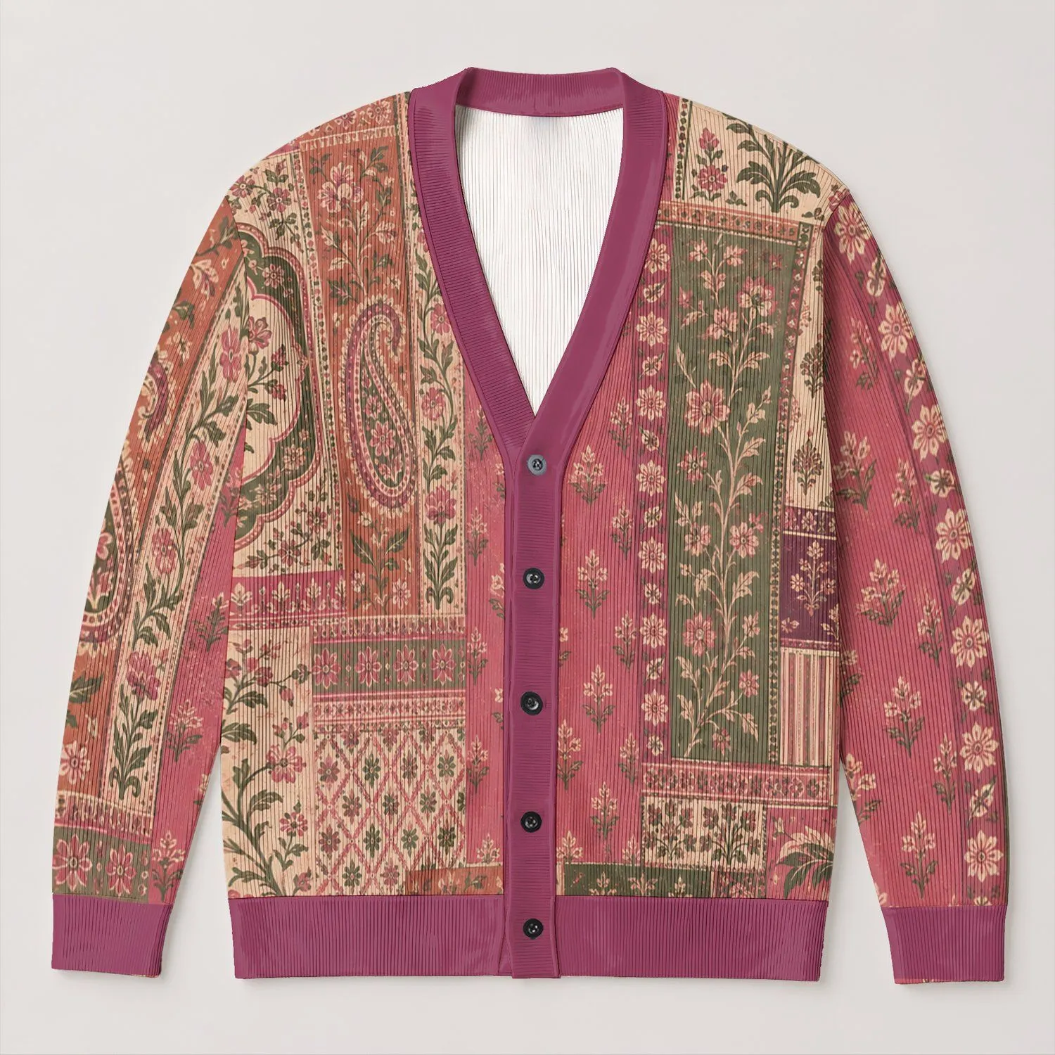 Raspberry Botanical Patchwork Motifs For Relaxed Layering And Everyday Women’s Style All-over Print Knitted Cardigan - 1