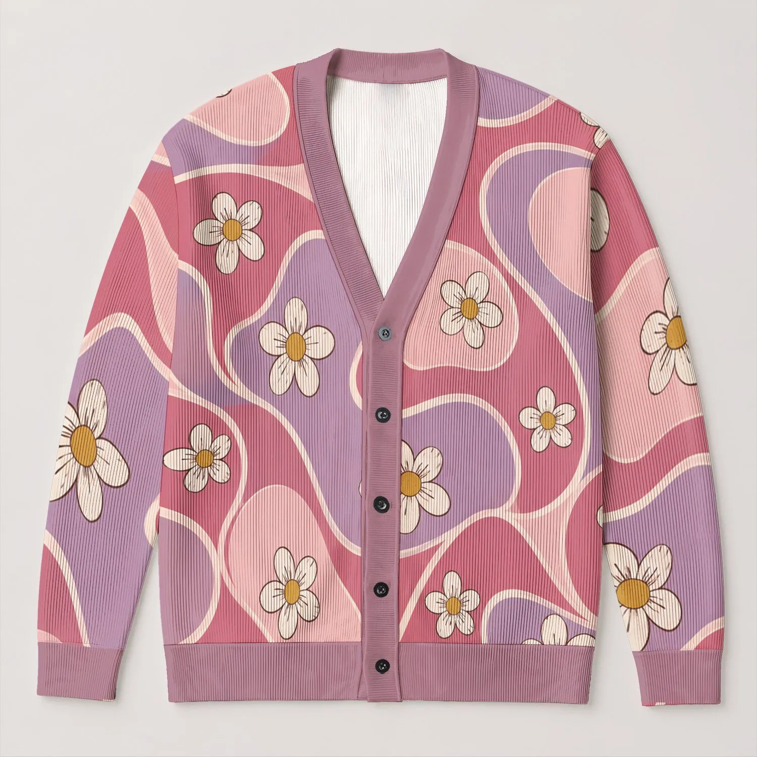 Daisy Floral Waves for Relaxed Everyday Layering, Office Commutes, and Travel Wear All-over Print Knitted Cardigan - 1
