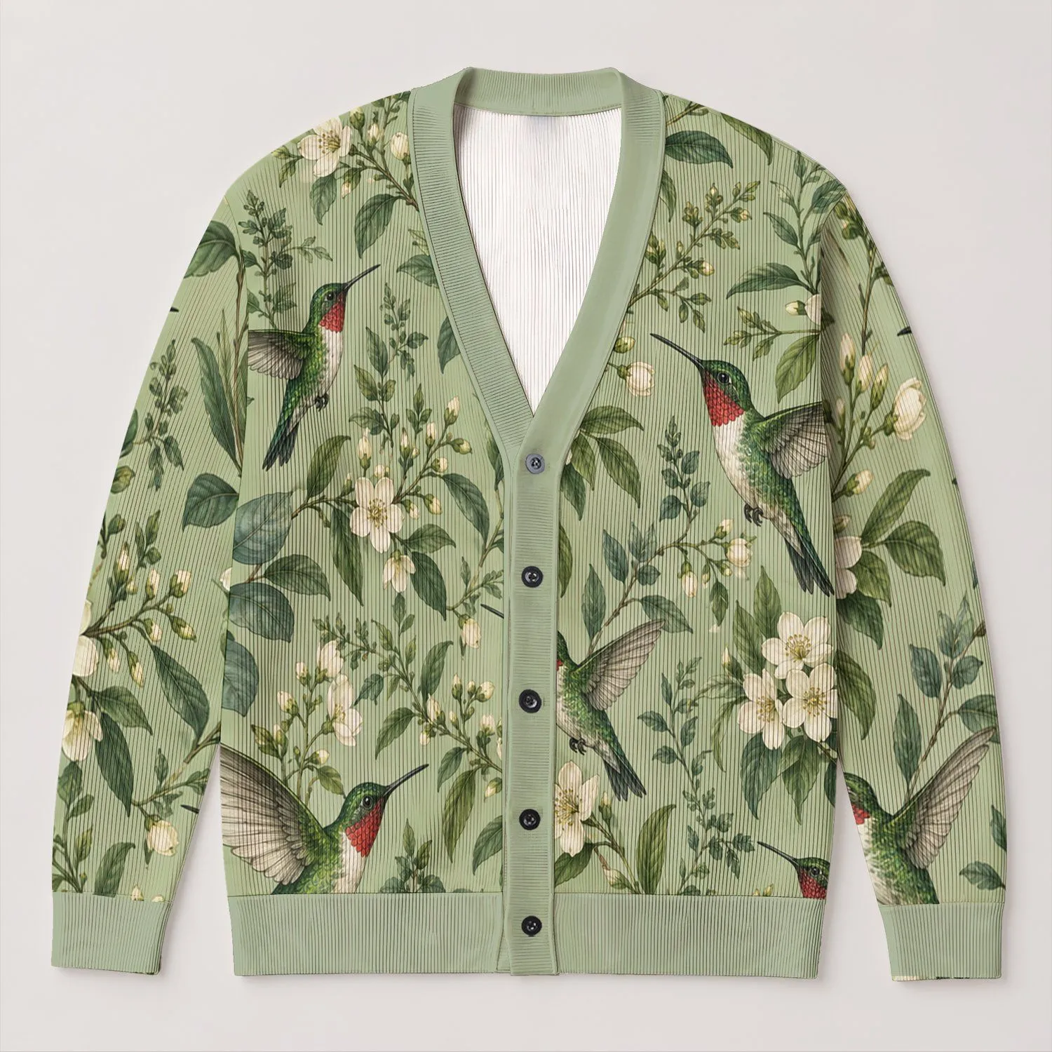 Green Hummingbirds and Wildflower Sprigs for Nature-Loving Everyday Layering Outdoors All-over Print Knitted Cardigan - 1