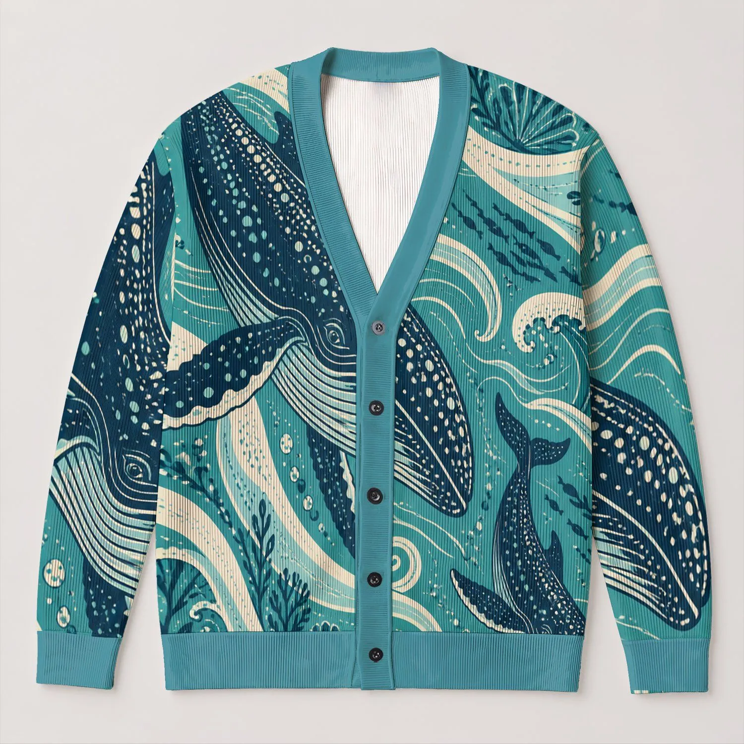 Whale Ocean Waves for Relaxed Coastal Layering, Women's Autumn Winter Everyday Style All-over Print Knitted Cardigan - 1
