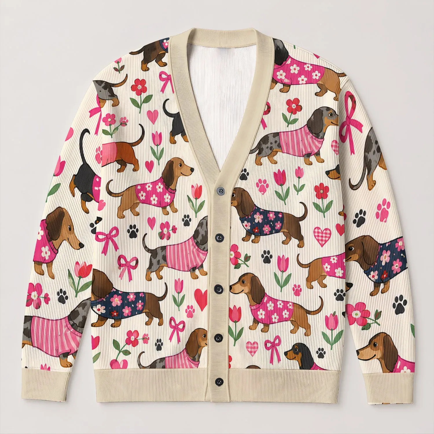 Dachshund Hearts And Floral Bows For Casual Weekend Outfits, Women Dog Lovers All-over Print Knitted Cardigan - 1