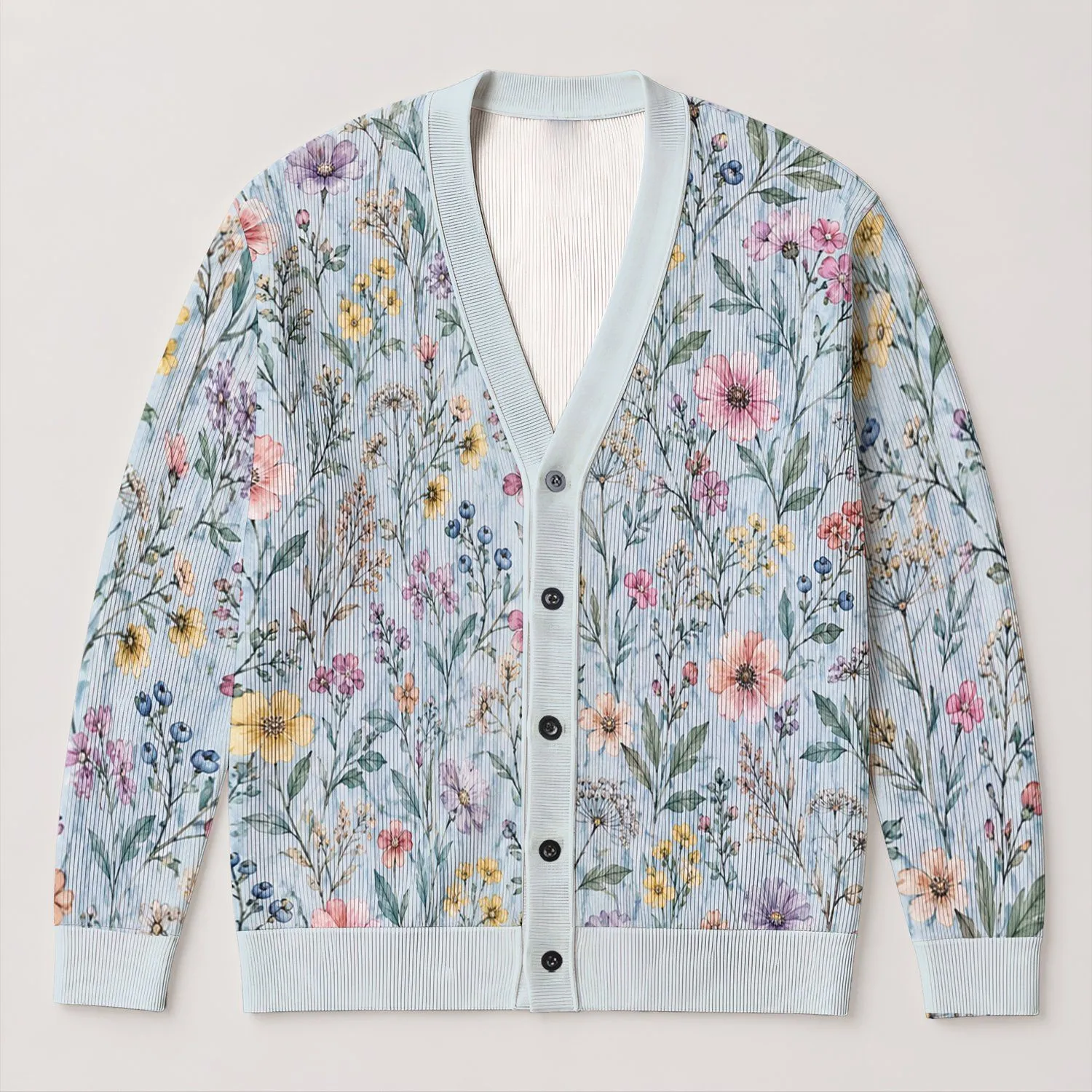 Watercolor Wildflower Meadow Blooms For Soft Everyday Layering And Spring Outings All-over Print Knitted Cardigan - 1