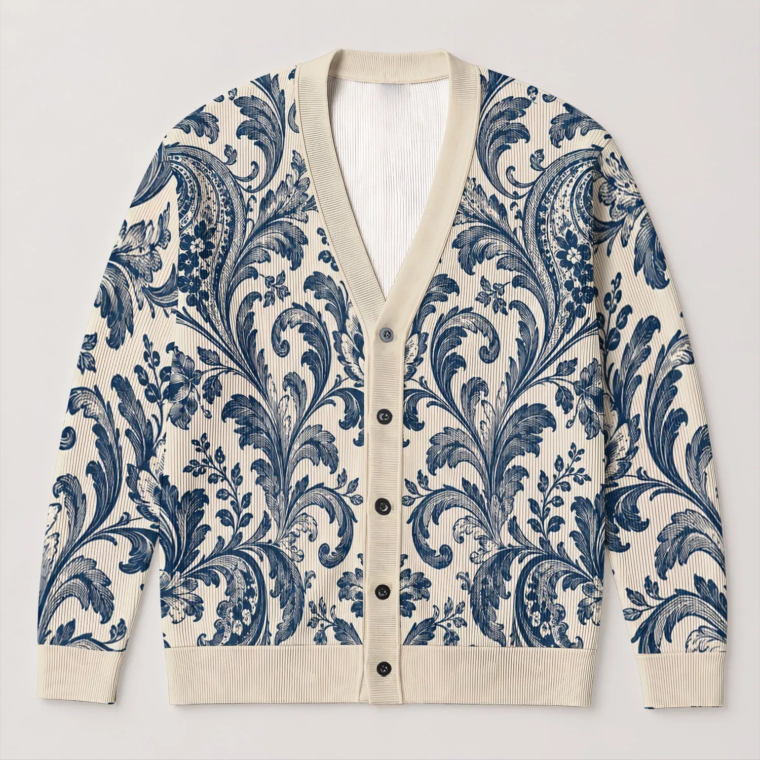 Blue Baroque Florals for Elegant Everyday Layering and Relaxed Weekend City Style All-over Print Knitted Cardigan - 1