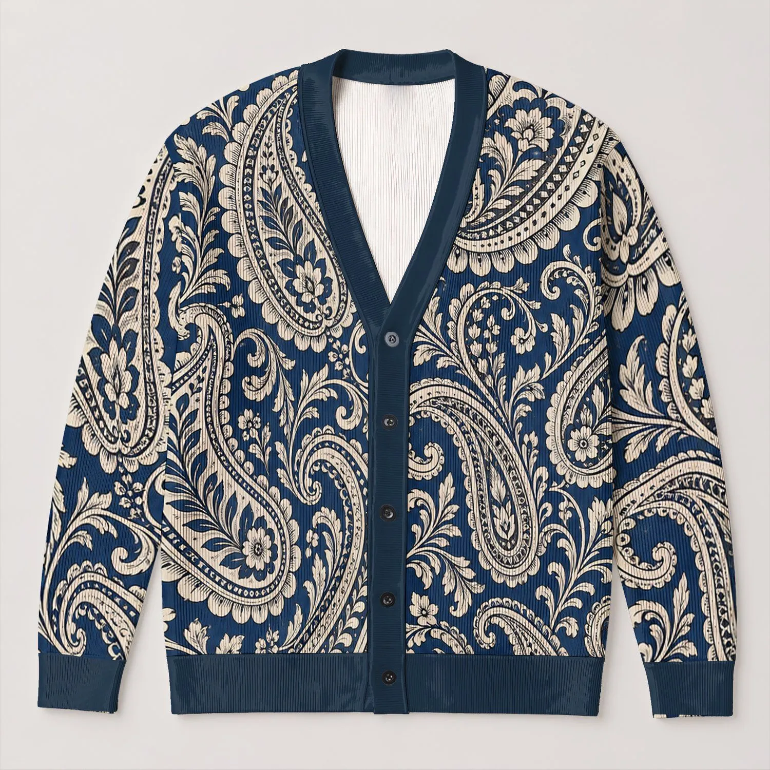 Navy Ivory Paisley Swirls for Bohemian Autumn Layering and Relaxed Everyday Style All-over Print Knitted Cardigan - 1