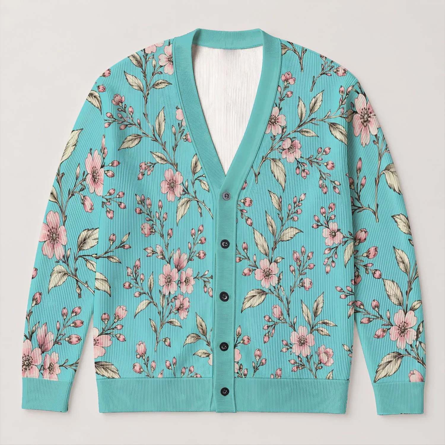 Turquoise Botanical Blossoms for Relaxed Autumn Layering and Everyday Feminine Style All-over Print Knitted Cardigan - 1