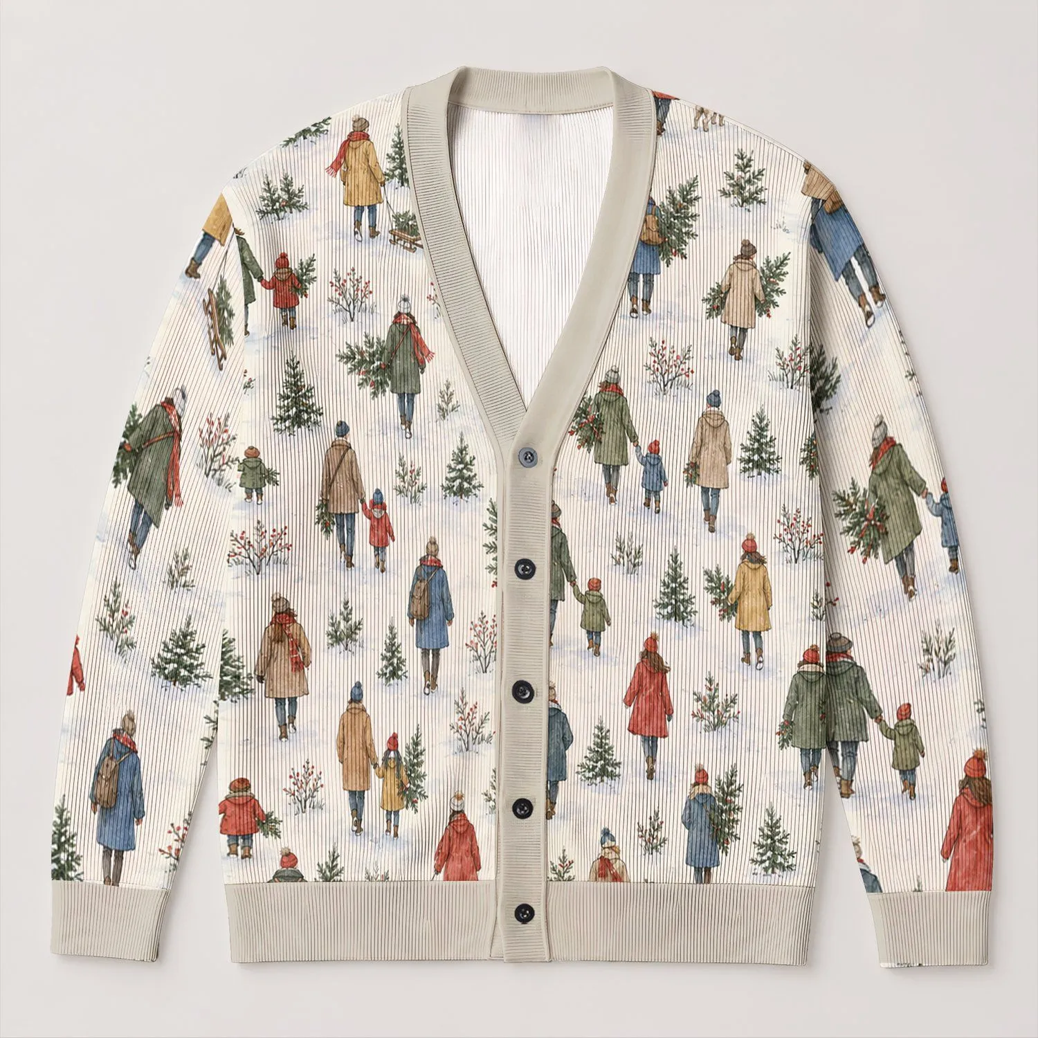 Watercolor Winter Walkers With Evergreen Branches For Cozy Everyday Layering Women All-over Print Knitted Cardigan - 1