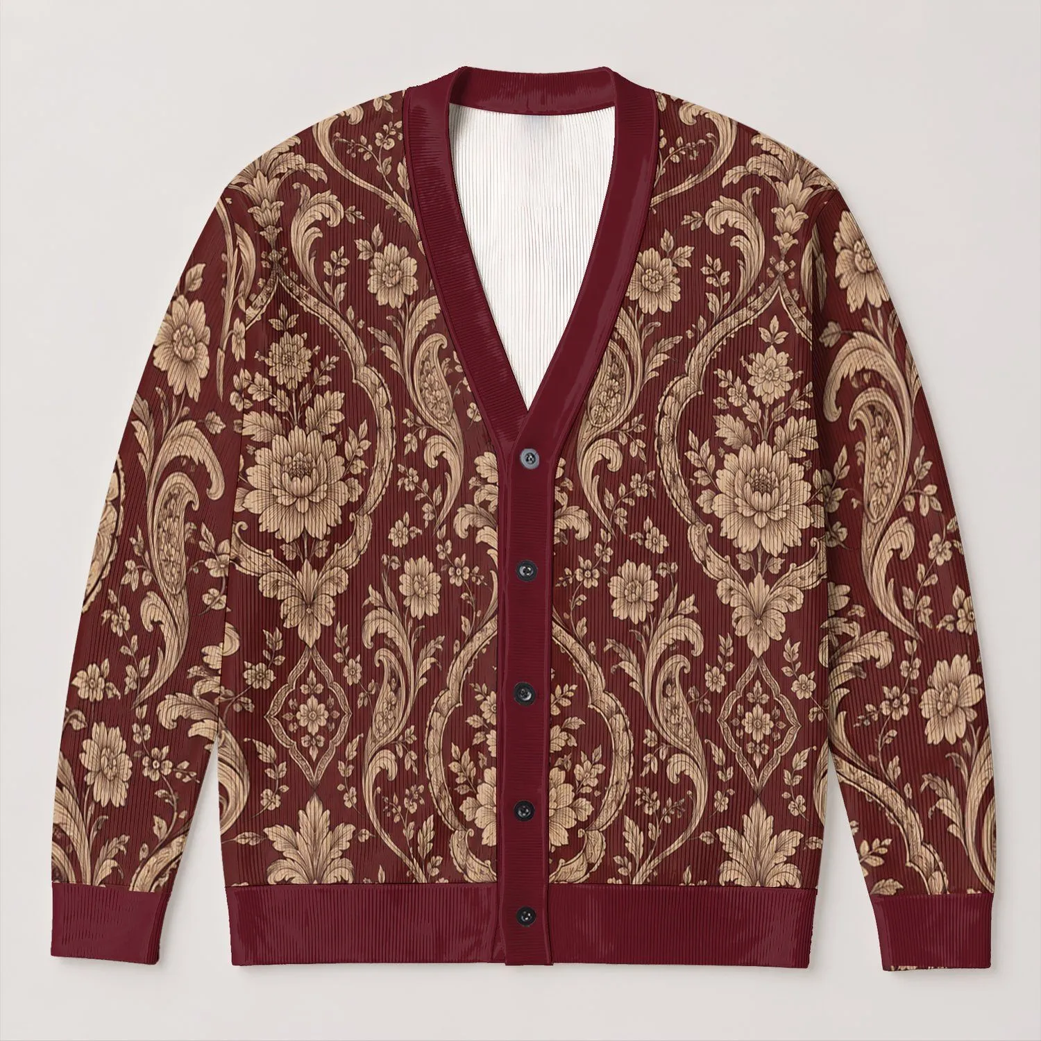 Burgundy Damask Florals for Elegant Everyday Layering and Vintage-Inspired Daily Style All-over Print Knitted Cardigan - 1