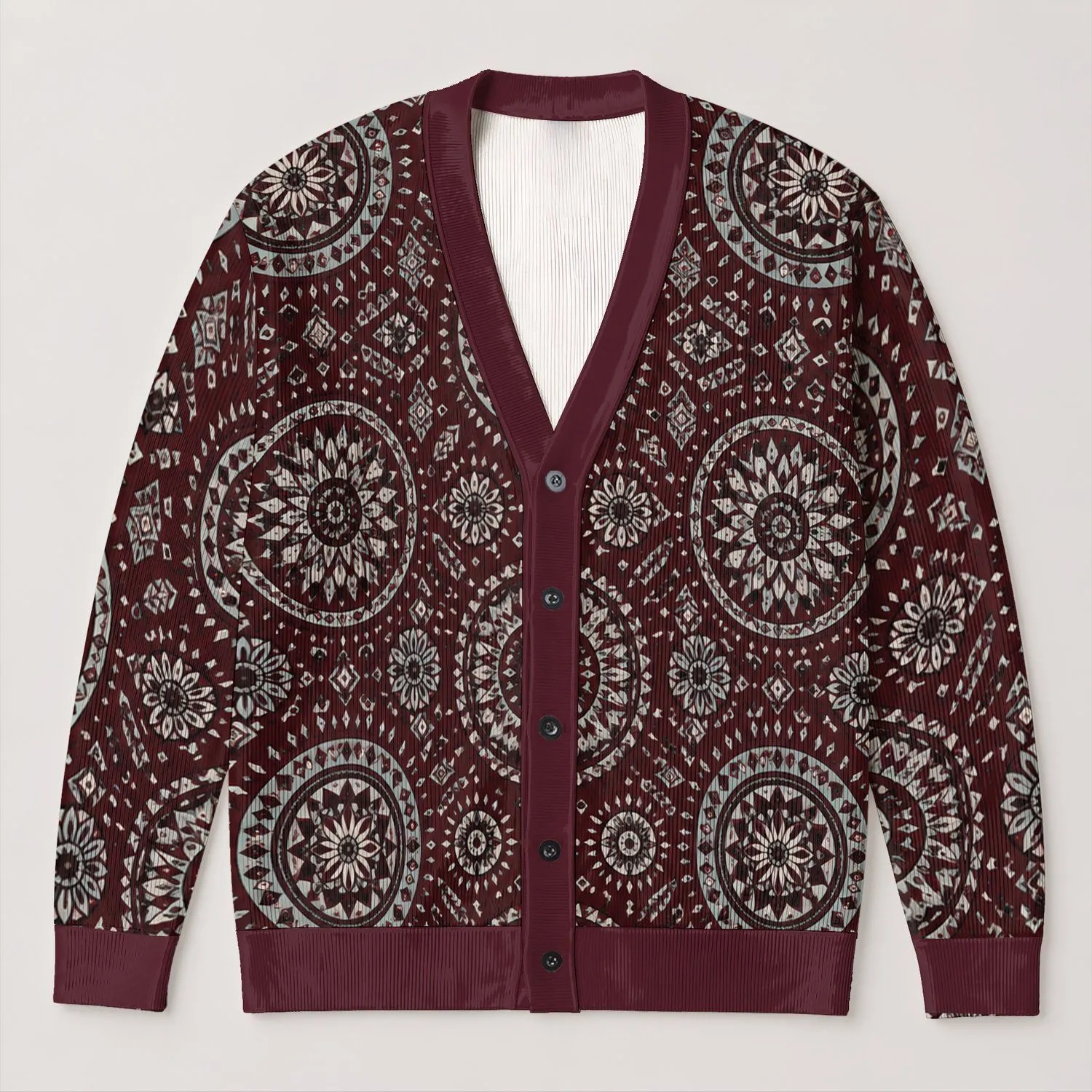 Burgundy Mandala Boho Geometric Layering Style for Casual Fall and Winter Outfits All-over Print Knitted Cardigan - 1