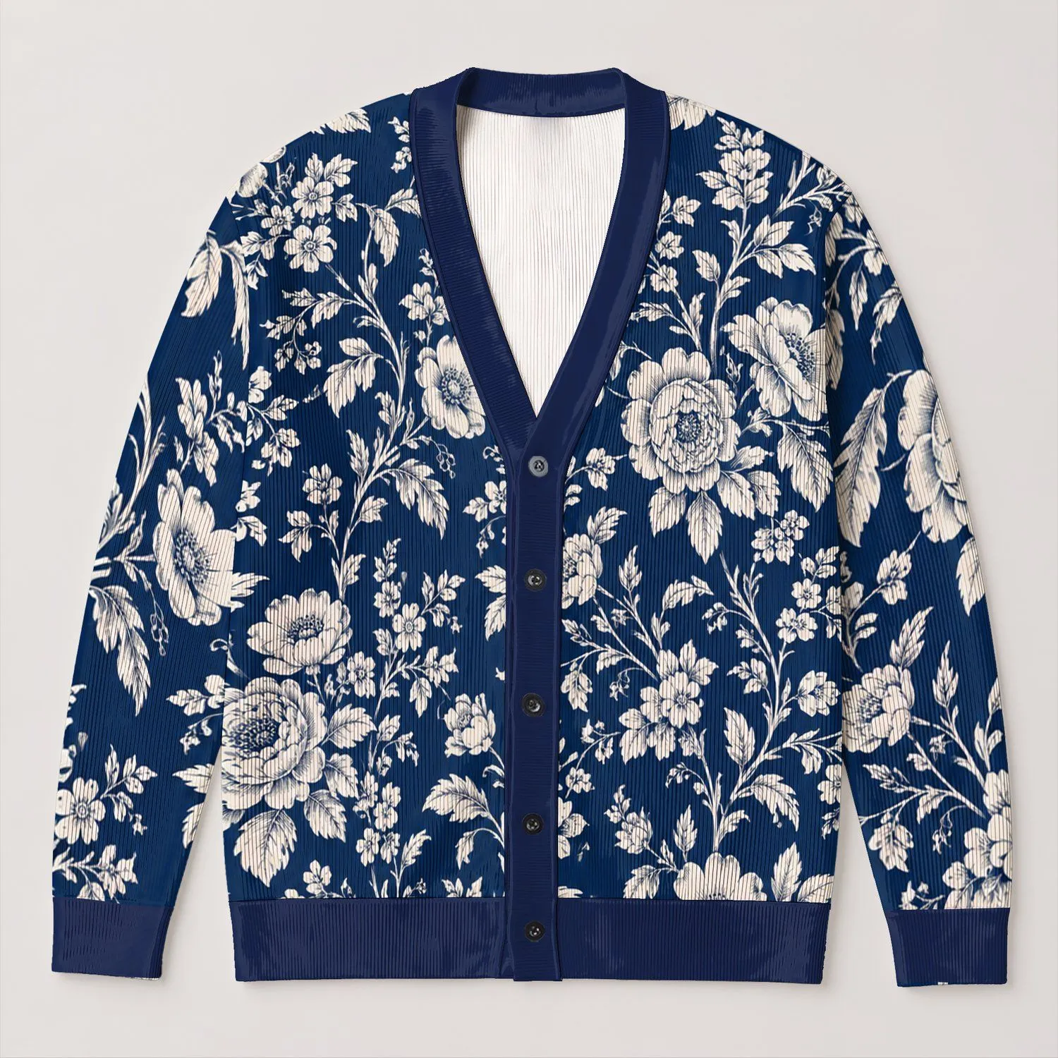 Vintage Navy Floral Motif for Relaxed Weekend Layering and Everyday Women’s Style All-over Print Knitted Cardigan - 1