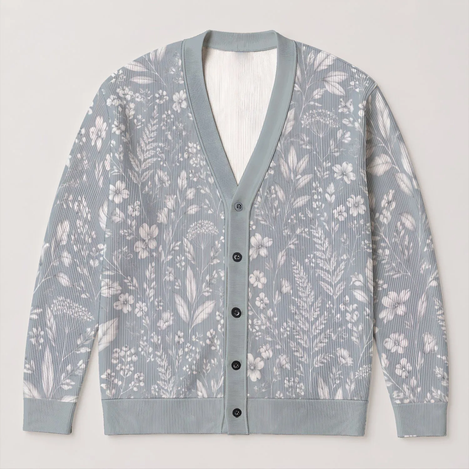 Icy Blue Botanical Leaves For Office Layers And Autumn Weekends For Everyday Women All-over Print Knitted Cardigan - 1