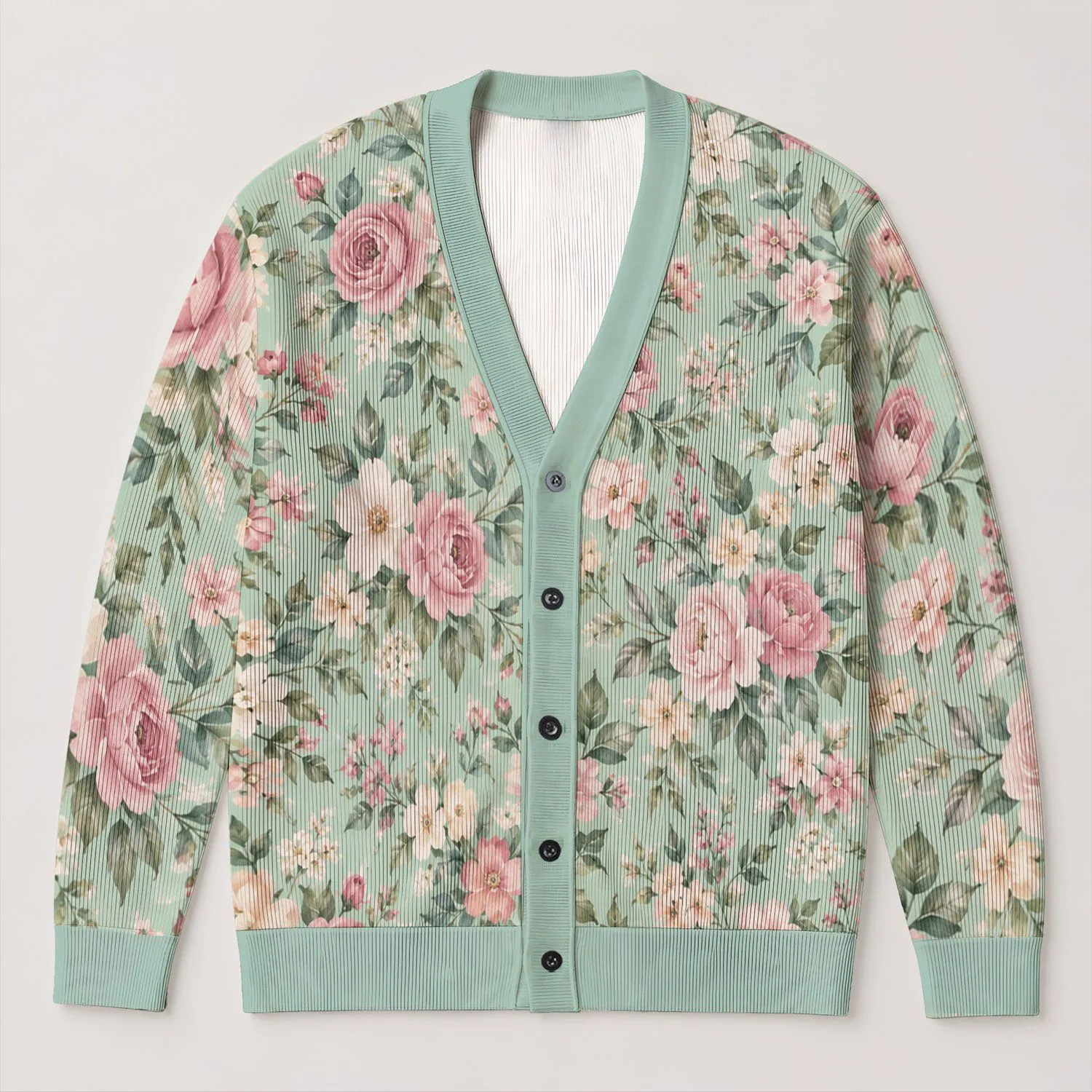 Pastel Rose Meadow Blooms for Cozy Autumn Layering and Relaxed Everyday Women's Style All-over Print Knitted Cardigan - 1