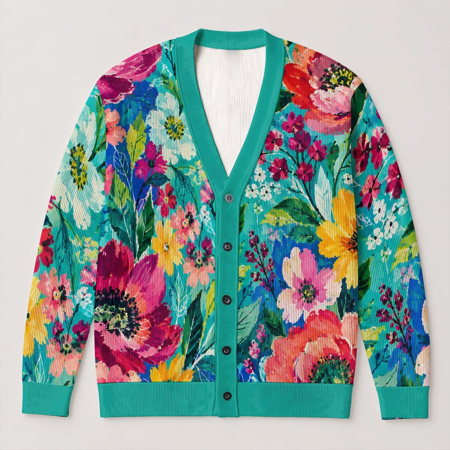 Colorful Turquoise Floral Blooms for Creative Weekend Layering and Youthful Style All-over Print Knitted Cardigan - 1