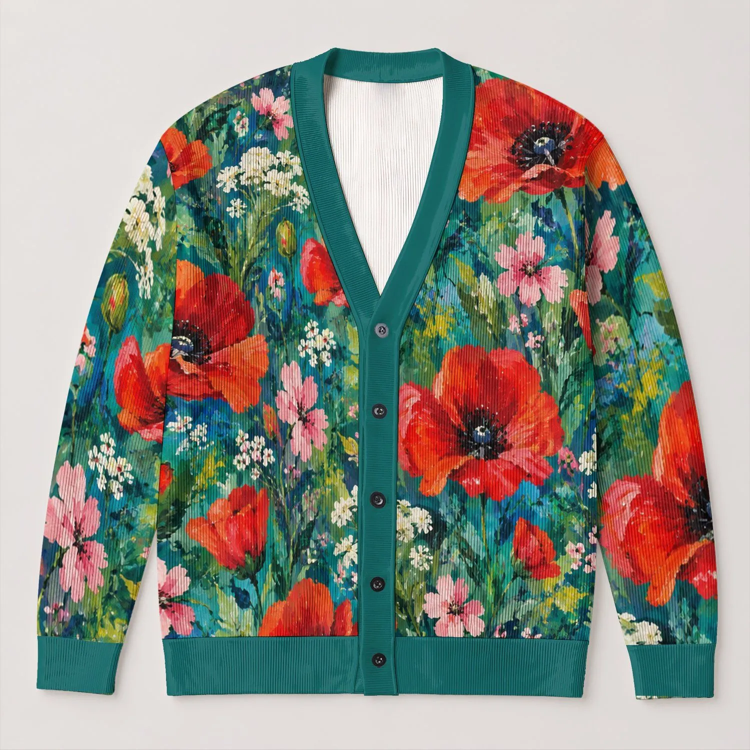 Vibrant Red Poppy Meadow Floral Style For Everyday Layering And Youthful Wardrobes All-over Print Knitted Cardigan - 1