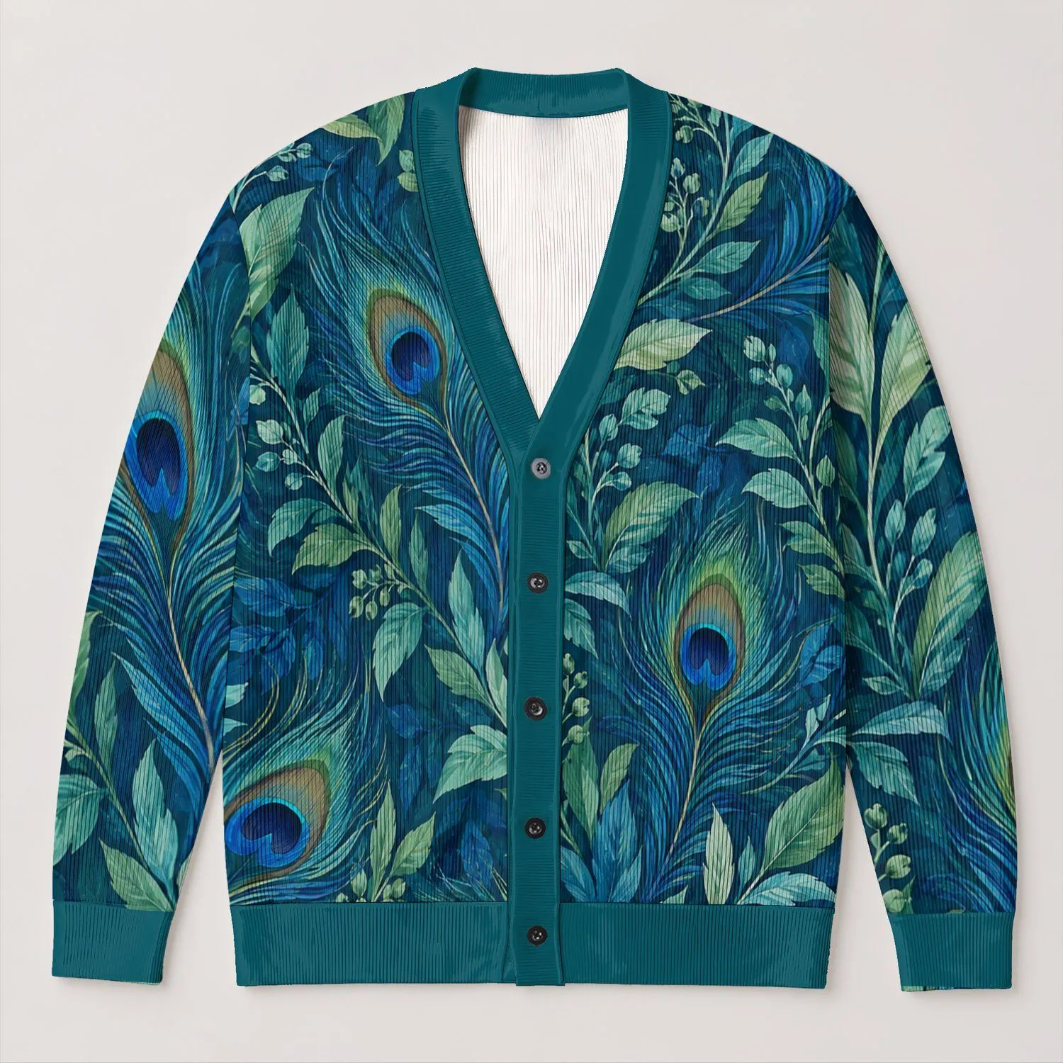 Teal Peacock Feather Botanical Motif for Elegant Everyday Layering and Office Style All-over Print Knitted Cardigan - 1