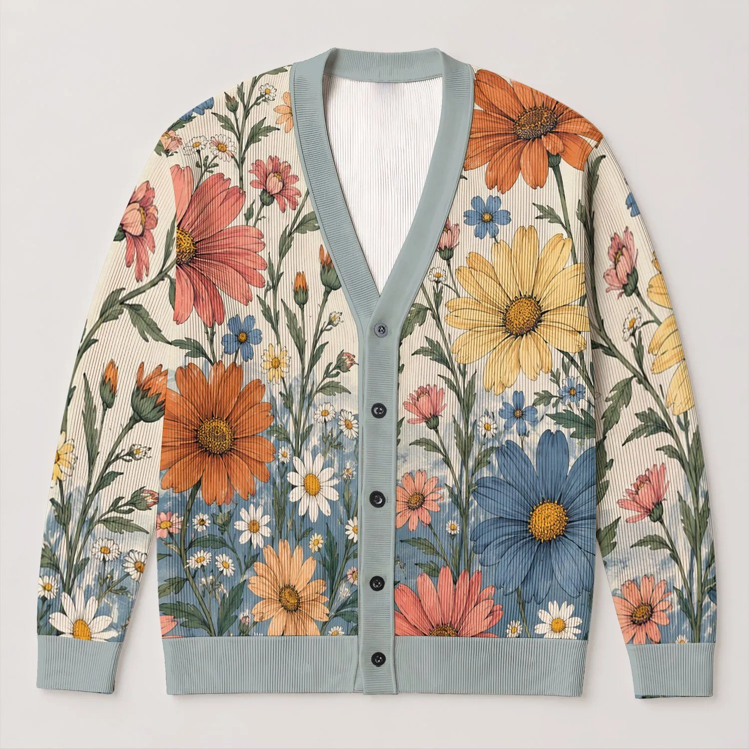 Colorful Daisy Meadow for Effortless Everyday Layering, Women’s Casual Spring Style All-over Print Knitted Cardigan - 1