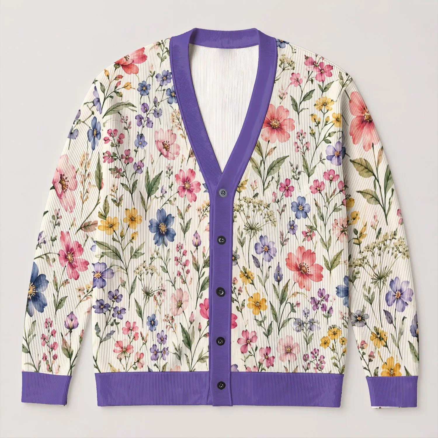 Watercolor Wildflower Blooms for Relaxed Everyday Layering, Feminine Casual Style All-over Print Knitted Cardigan - 1