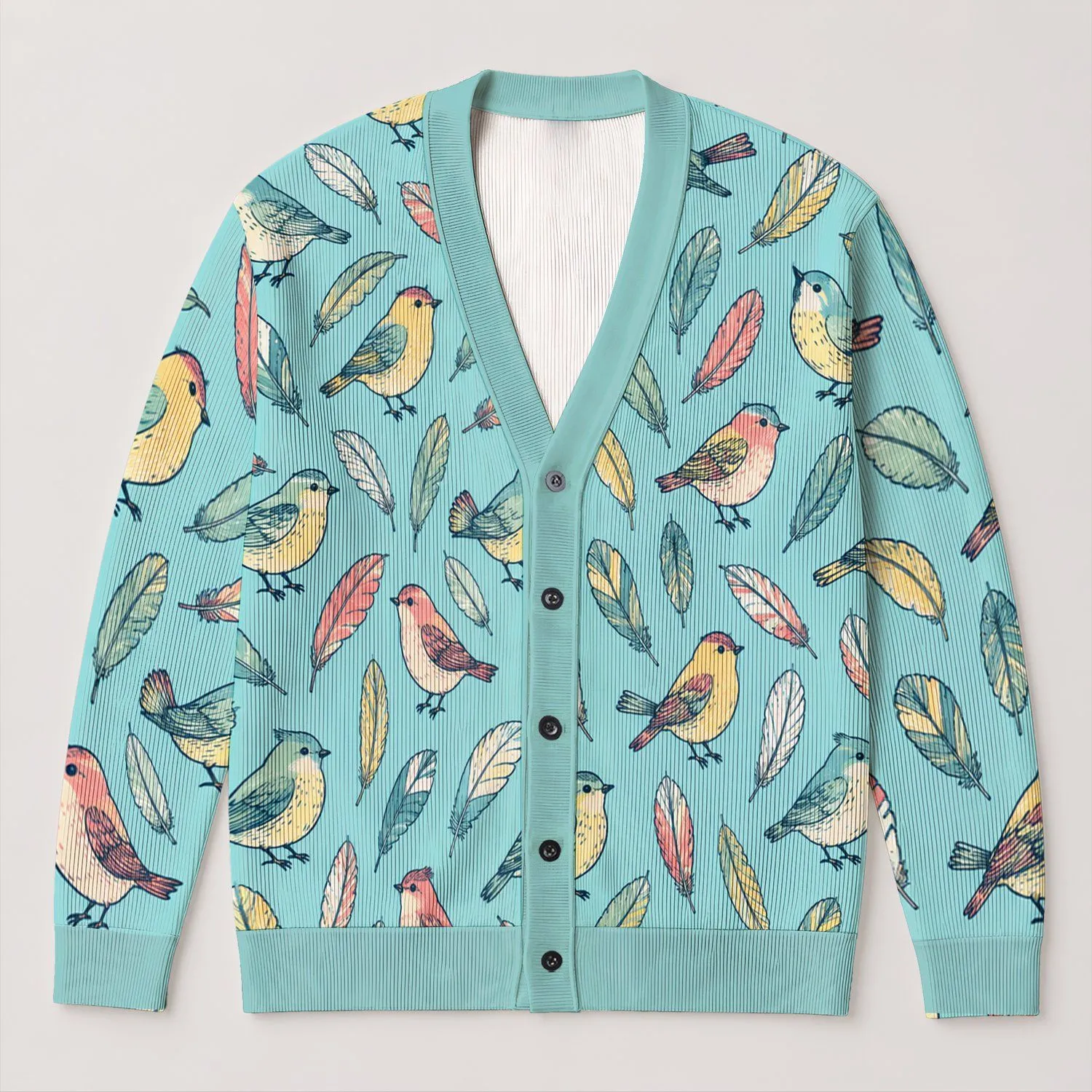 Colorful Songbirds And Feathers For Cozy Fall Layering, Everyday Style For Women All-over Print Knitted Cardigan - 1