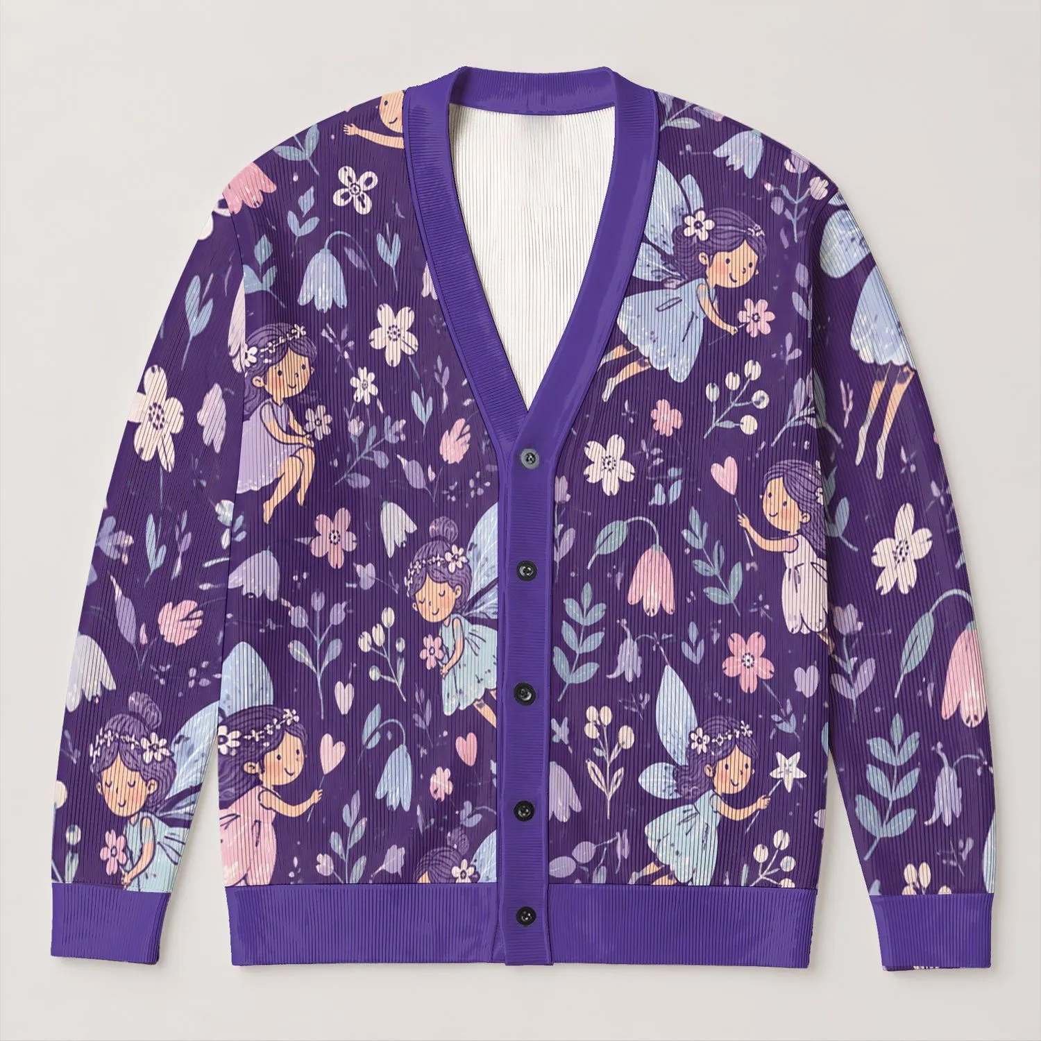 Whimsical Purple Fairy Hearts For Everyday City Layering And Casual Womens Style All-over Print Knitted Cardigan - 1