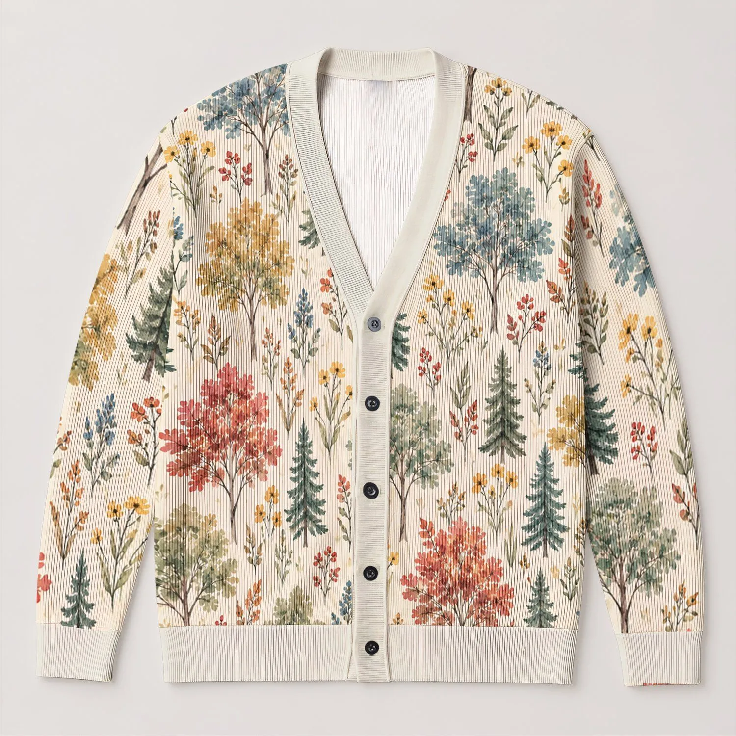 Watercolor Woodland Trees And Wildflowers For Cozy Autumn Walks And Weekend Layering All-over Print Knitted Cardigan - 1