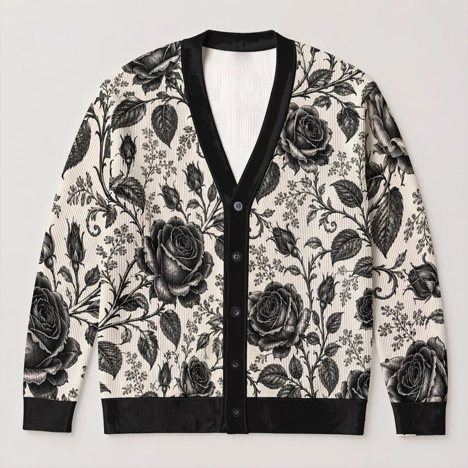 Black Rose Vine Floral Motif for Elegant Everyday Layering and Evening Wear for Women All-over Print Knitted Cardigan - 1
