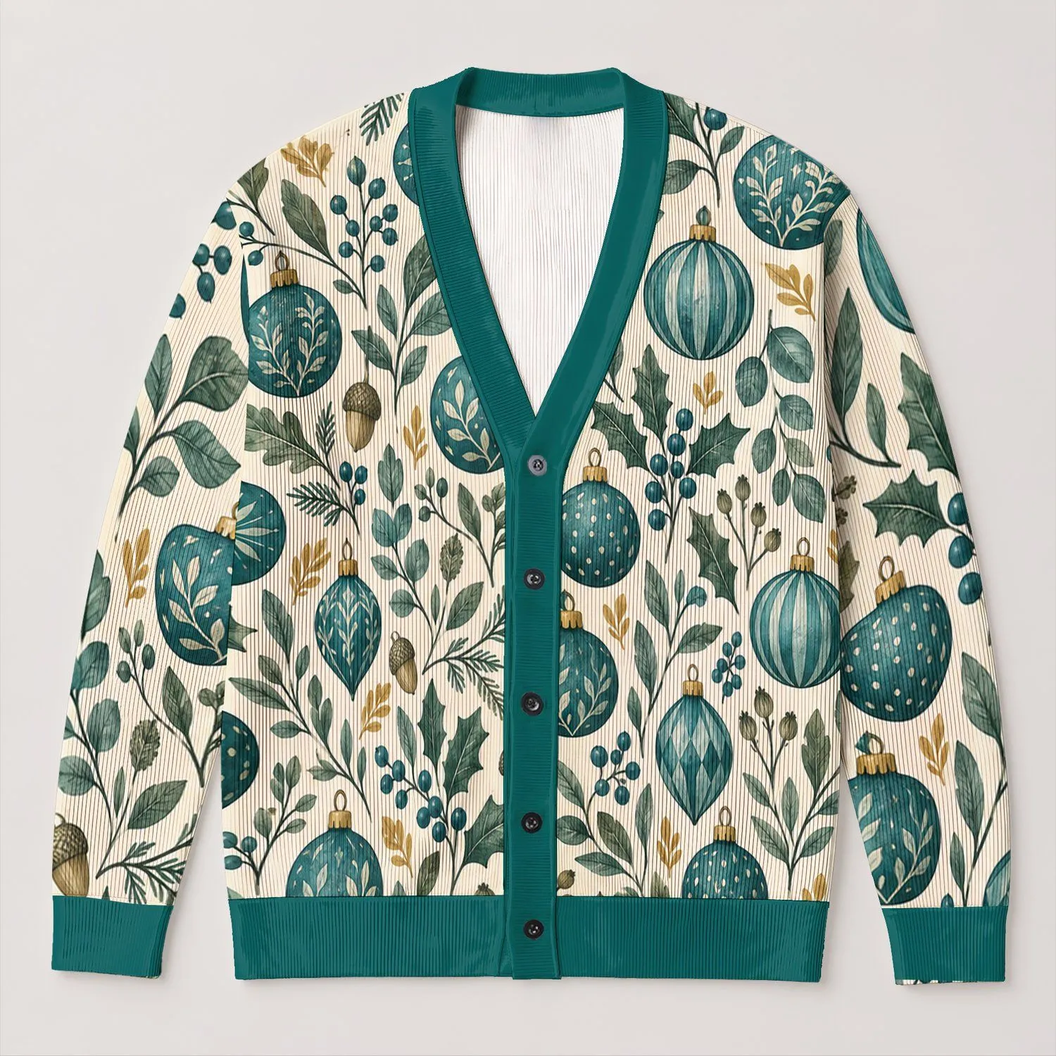 Teal Botanical Ornaments and Winter Foliage for Cozy Holiday Layering, Women’s Gift All-over Print Knitted Cardigan - 1