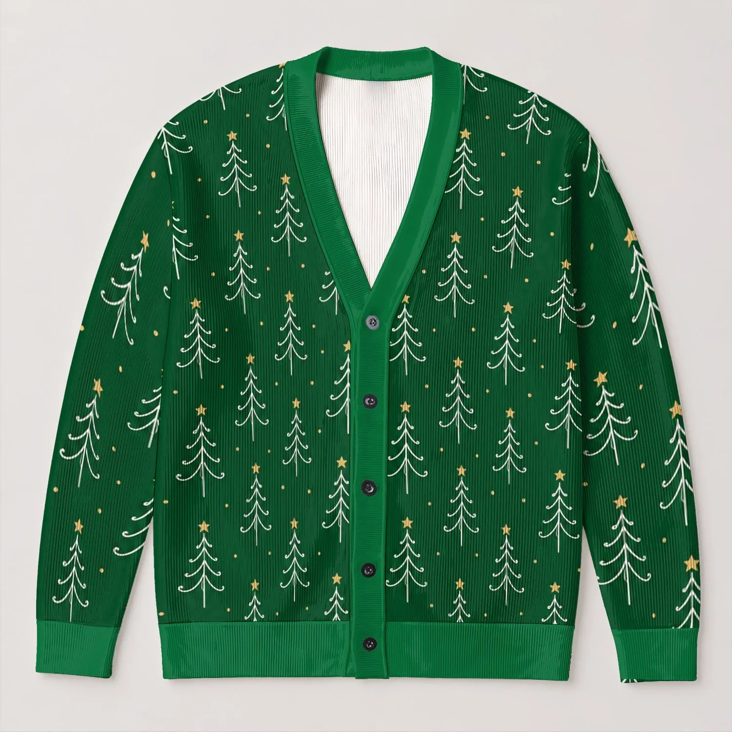 Emerald Christmas Trees and Gold Stars for Holiday Gatherings and Cozy Winter Layering All-over Print Knitted Cardigan - 1