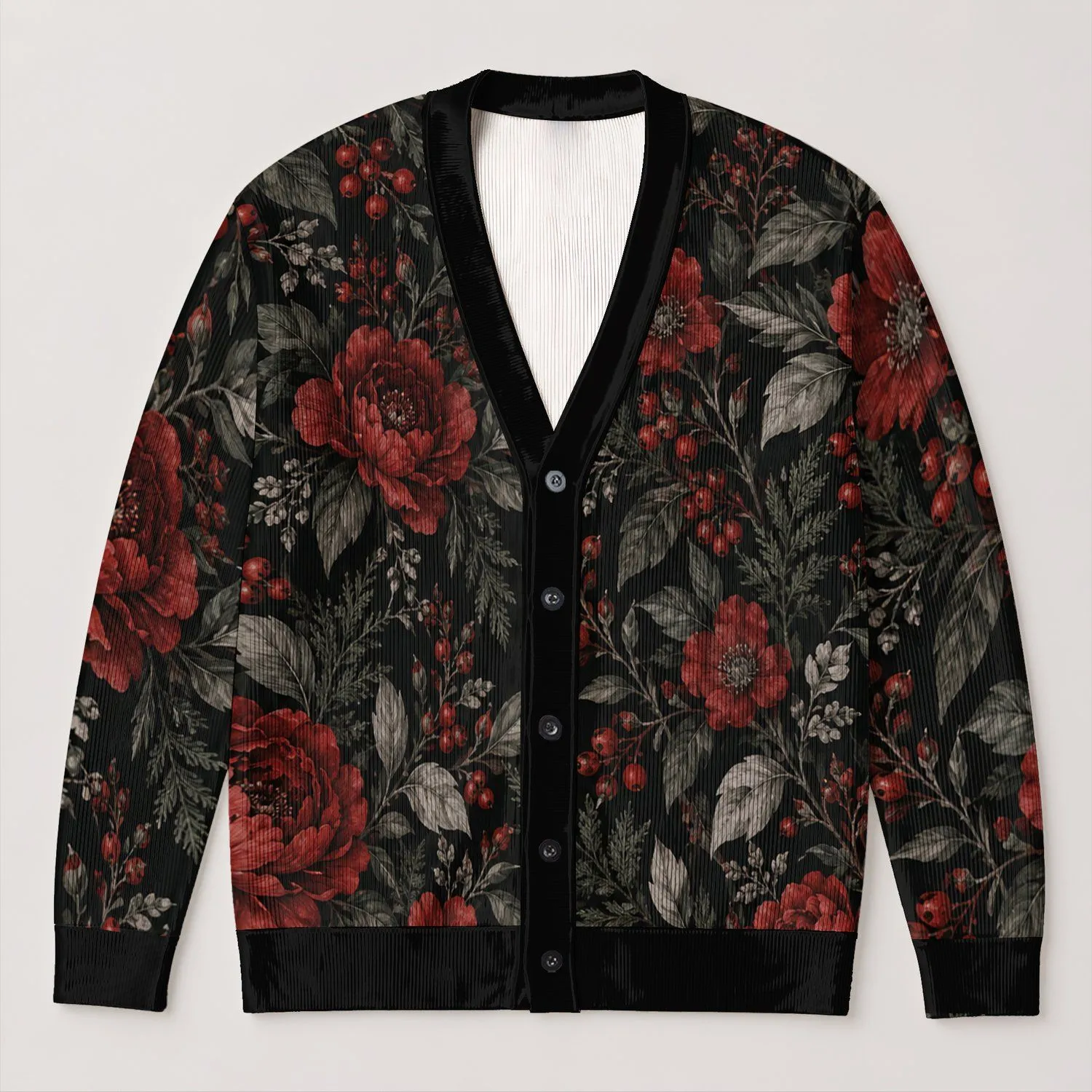 Crimson Winter Botanicals for Cozy Fall Evenings and Everyday Women's Layering Style All-over Print Knitted Cardigan - 1
