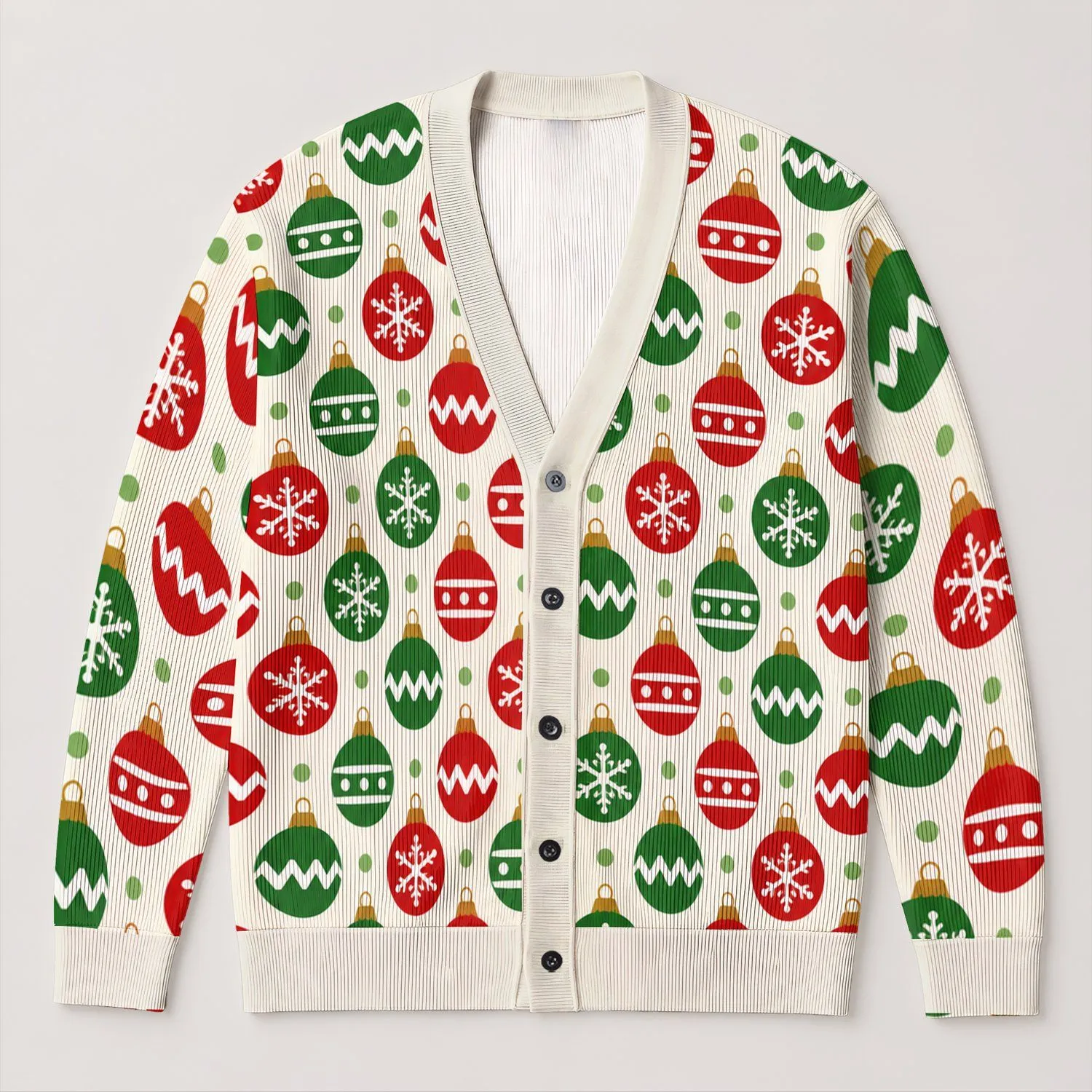 Red Green Ornament Holiday Cheer For Festive Gatherings, Women's Seasonal Winter Wardrobe All-over Print Knitted Cardigan - 1