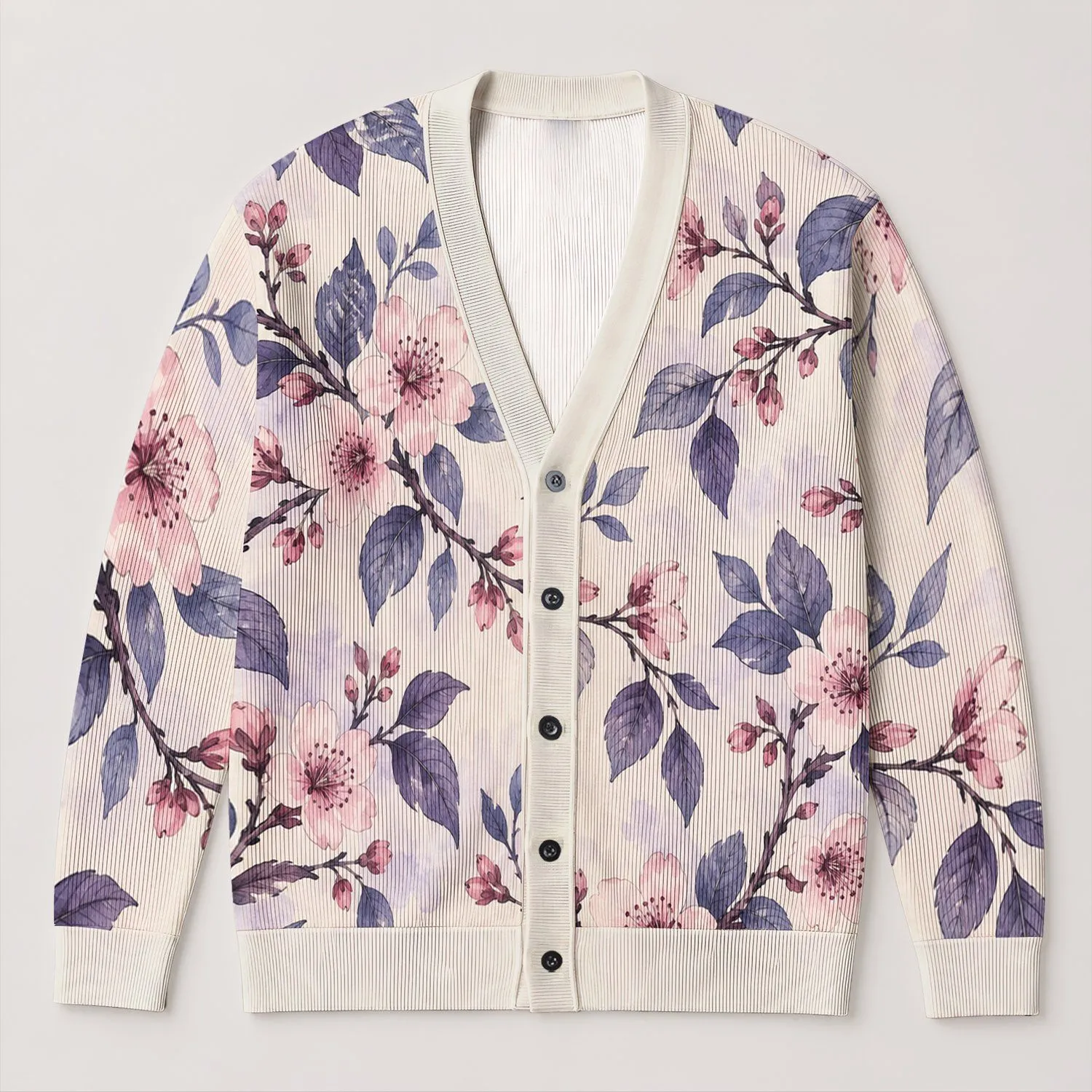 Cherry Blossom Branches for Everyday Layering and Spring Outings, Women’s Floral Style All-over Print Knitted Cardigan - 1