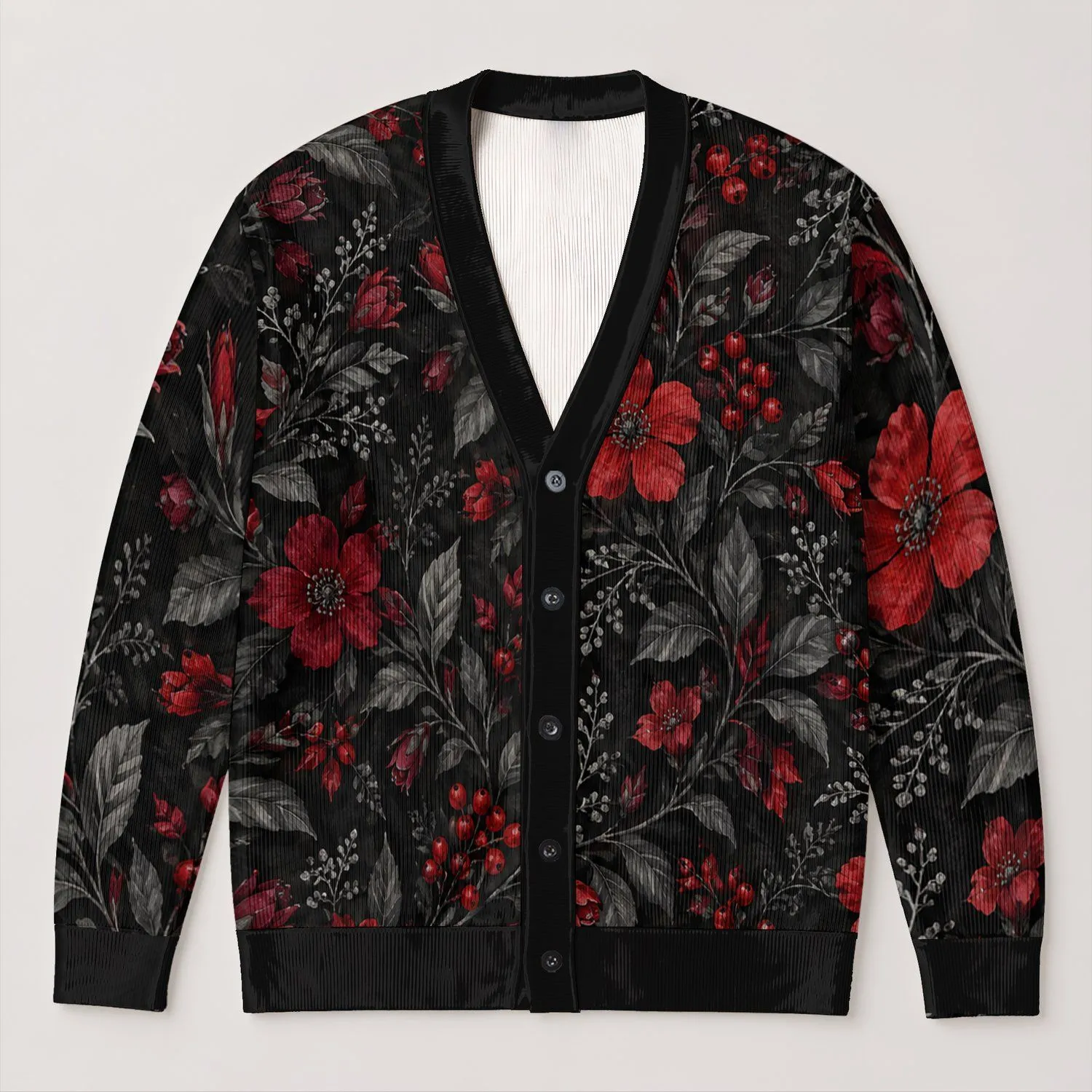 Red Floral Botanical Motifs for Elegant Evening Layering and Everyday Autumn Outfits All-over Print Knitted Cardigan - 1