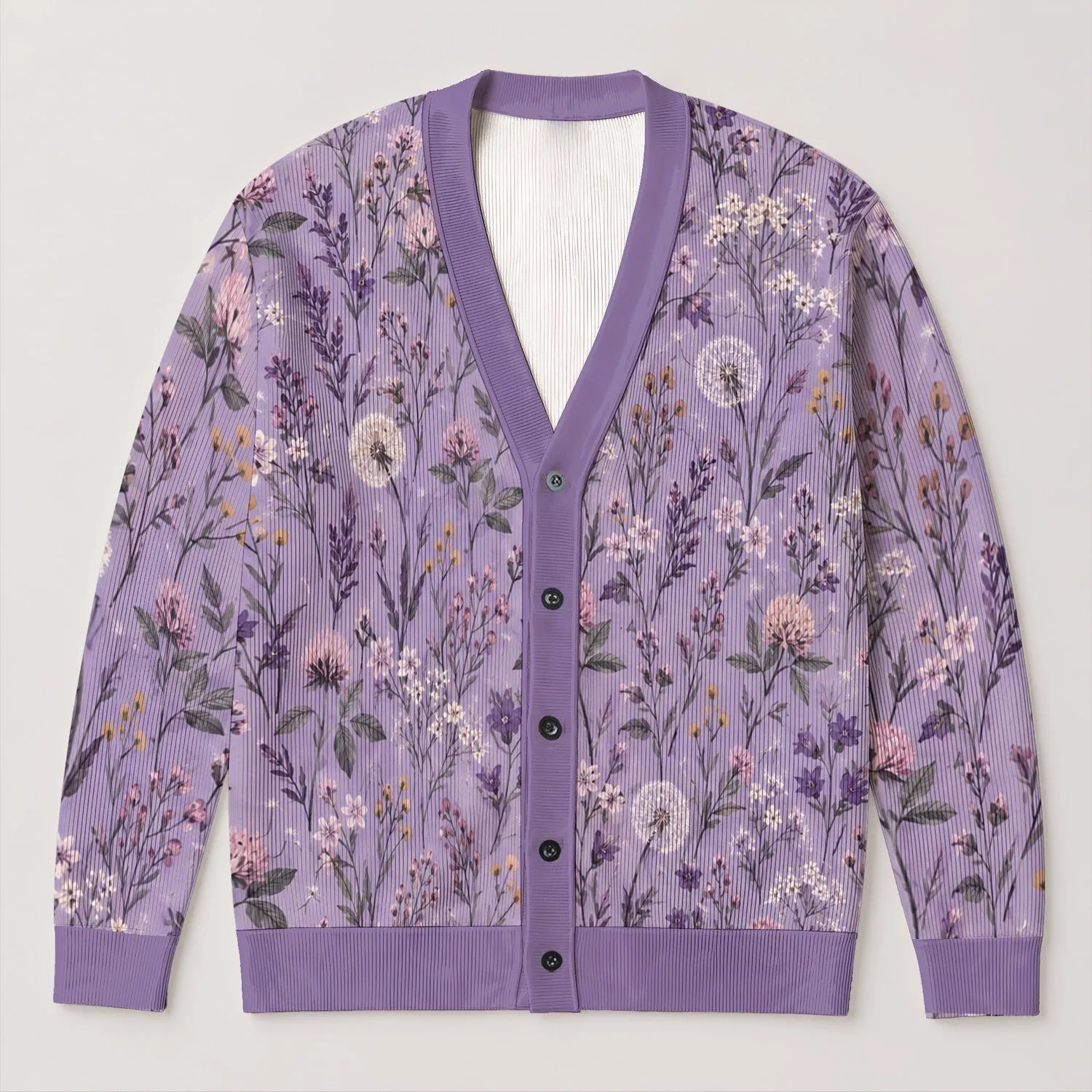 Lavender Wildflower Meadow Florals For Everyday Layering And Office Casual Womenswear All-over Print Knitted Cardigan - 1