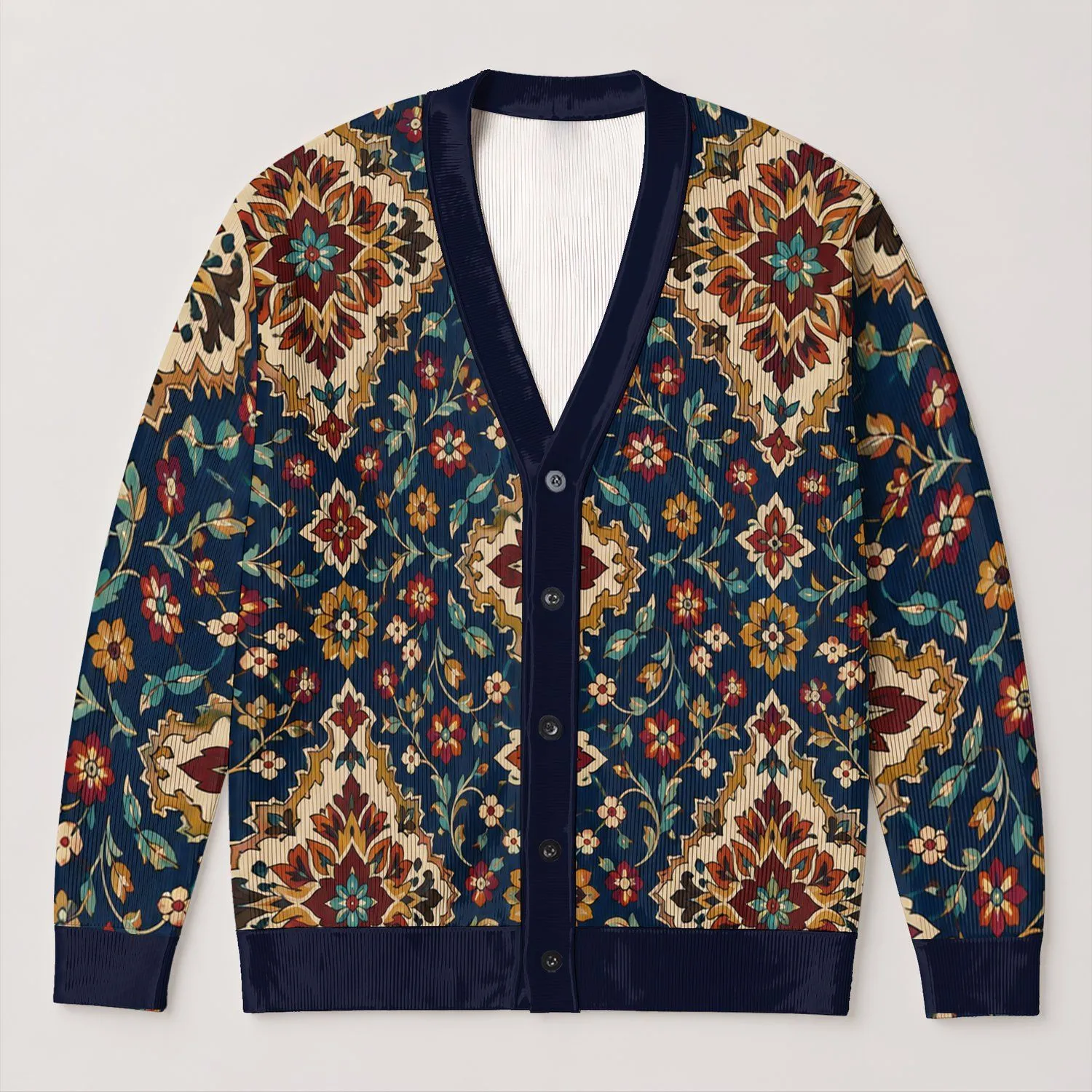 Bohemian Mosaic Floral Medallions for Cozy Winter Layering and Everyday Wear in Navy All-over Print Knitted Cardigan - 1
