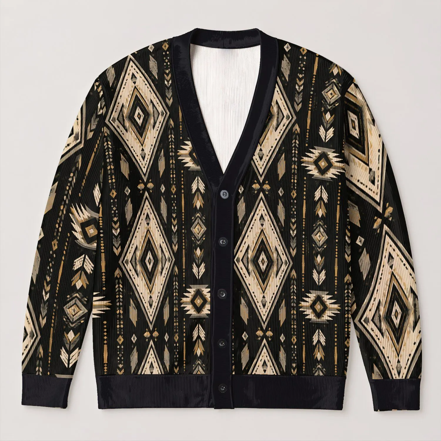 Black Beige Geometric Diamond Motifs For Autumn Layering And Everyday Boho Style All-over Print Knitted Cardigan - 1